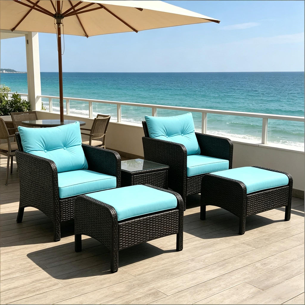 Outdoor Conversation Set PE Rattan Blue Brown 5 Piece 2 Chairs Footstools
