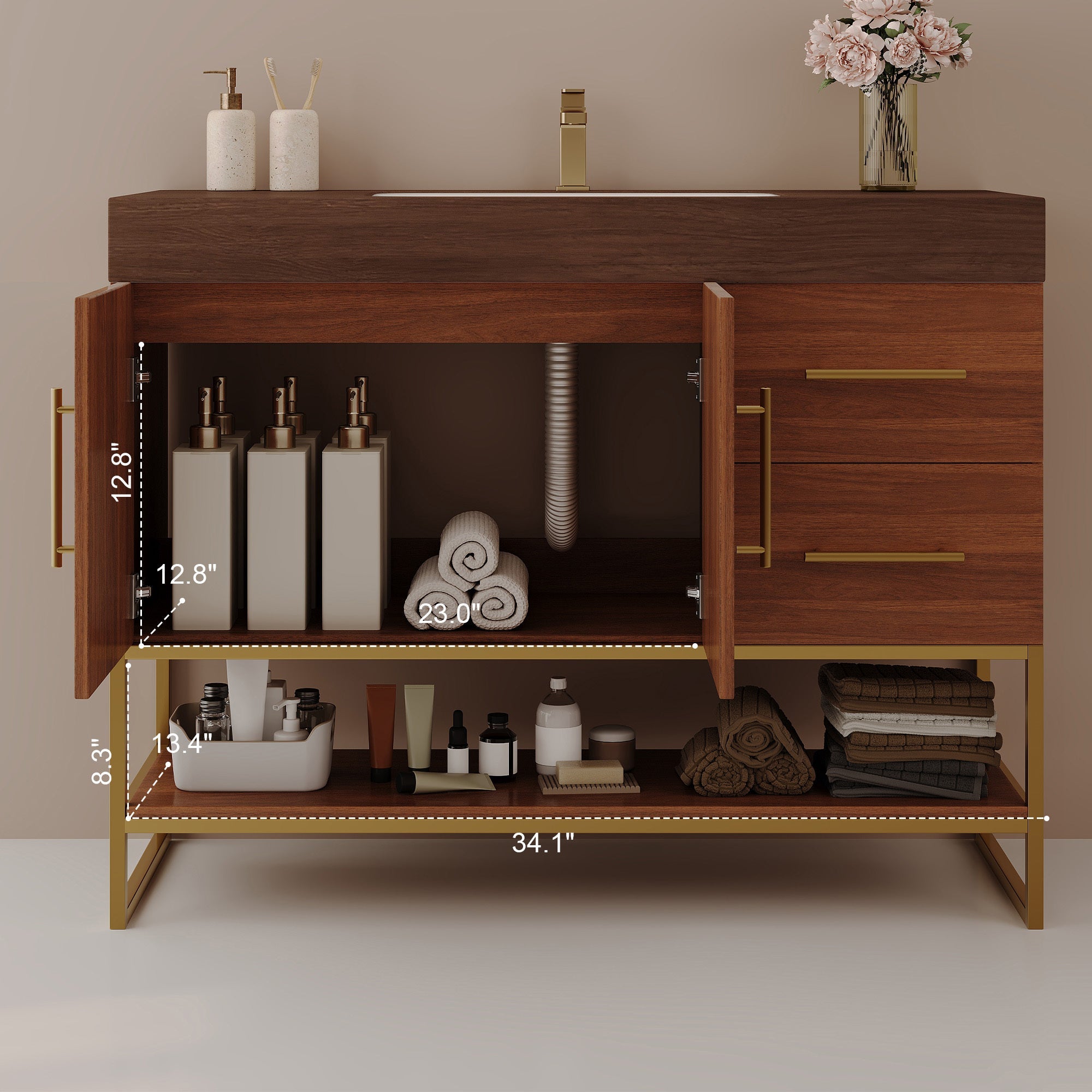 36' Modern Free-Standing Bathroom Vanity with Seamless Ceramic Sink & Sintered Stone Top