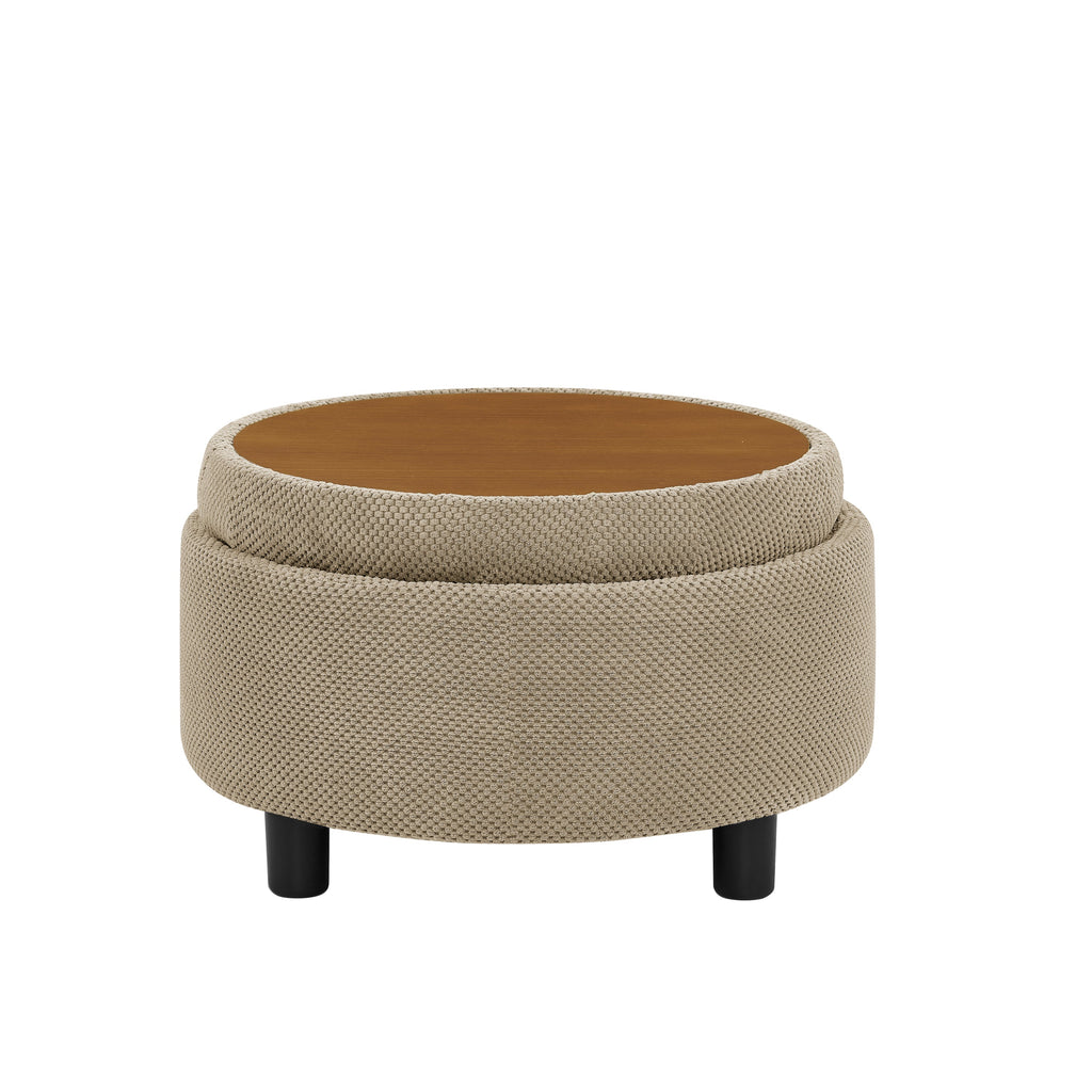 25 Inch Round Storage Ottoman with Wooden Top Side Table, Camel Fabric