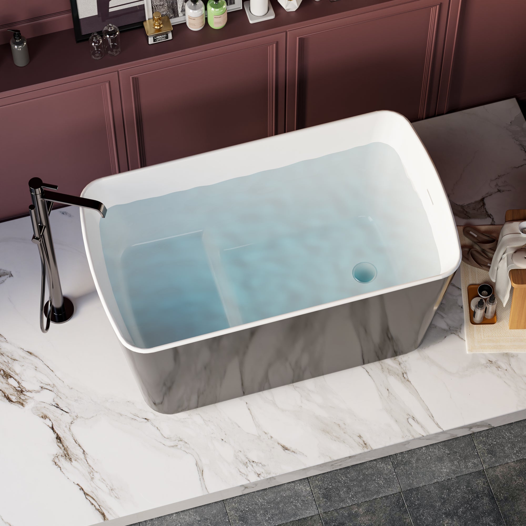 49in Acrylic Freestanding Soaking Bathtub, Square Japanese Sit-In, Glossy Blac