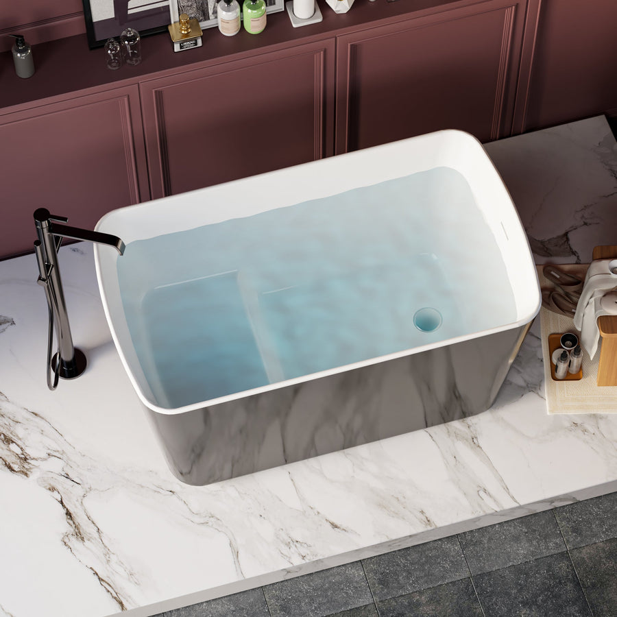 49in Acrylic Freestanding Soaking Bathtub, Square Japanese Sit-In, Glossy Blac