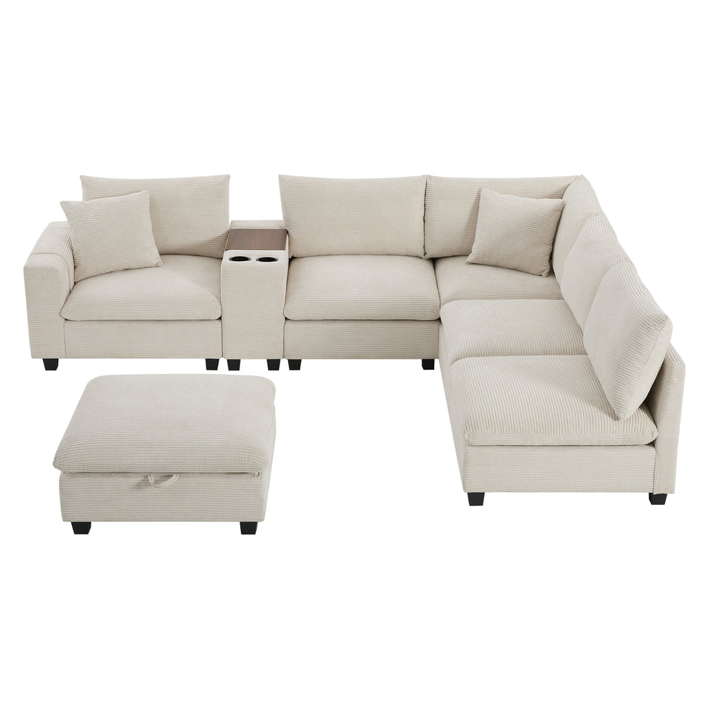 Sectional Sofa U-Shape Corduroy Beige 6 Seat Storage Ottoman USB 140 In