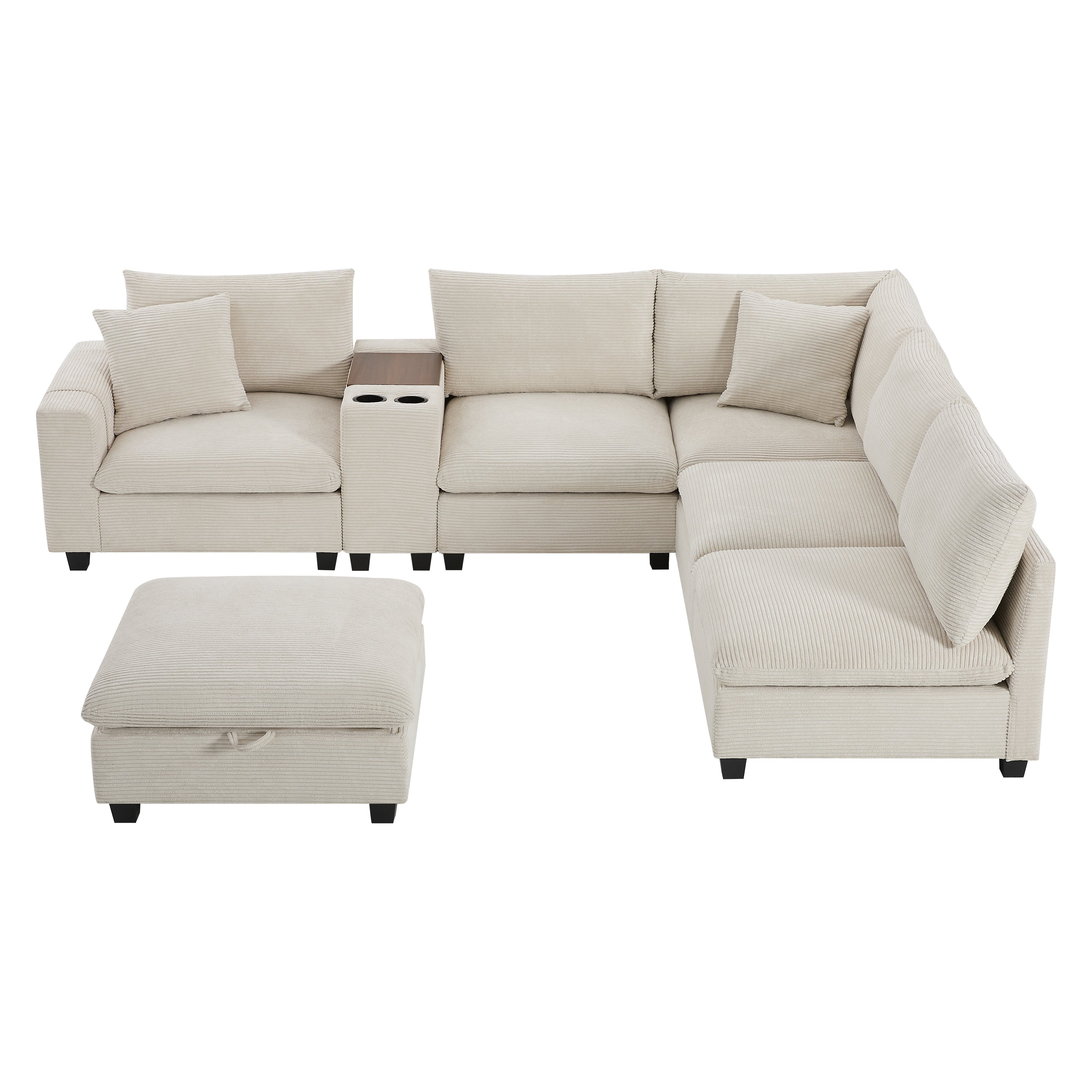 Sectional Sofa U-Shape Corduroy Beige 6 Seat Storage Ottoman USB 140 In