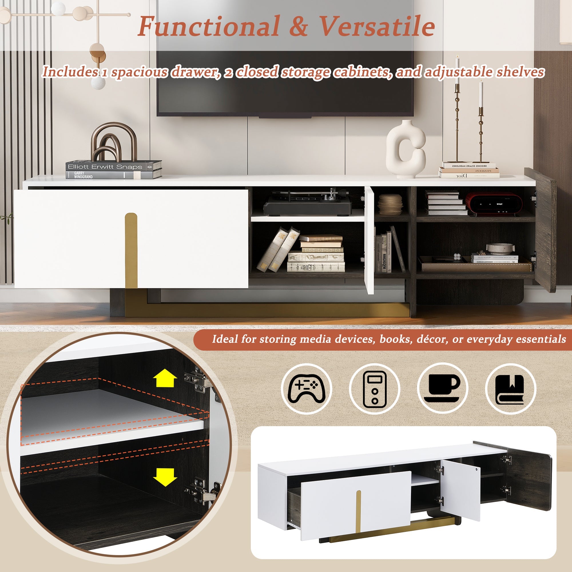 TV Stand Luxury White MDF Metal Legs Drawer 2-Cabinet Fits 70 In TV 66.7 In