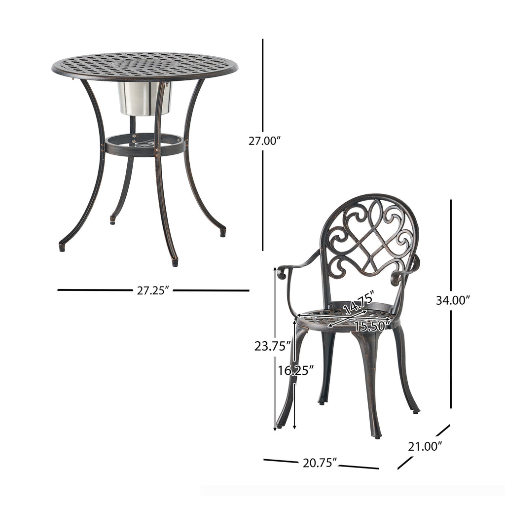 Outdoor Bistro Set Cast Aluminum Copper 3 Piece Ice Bucket Table 2 Chairs