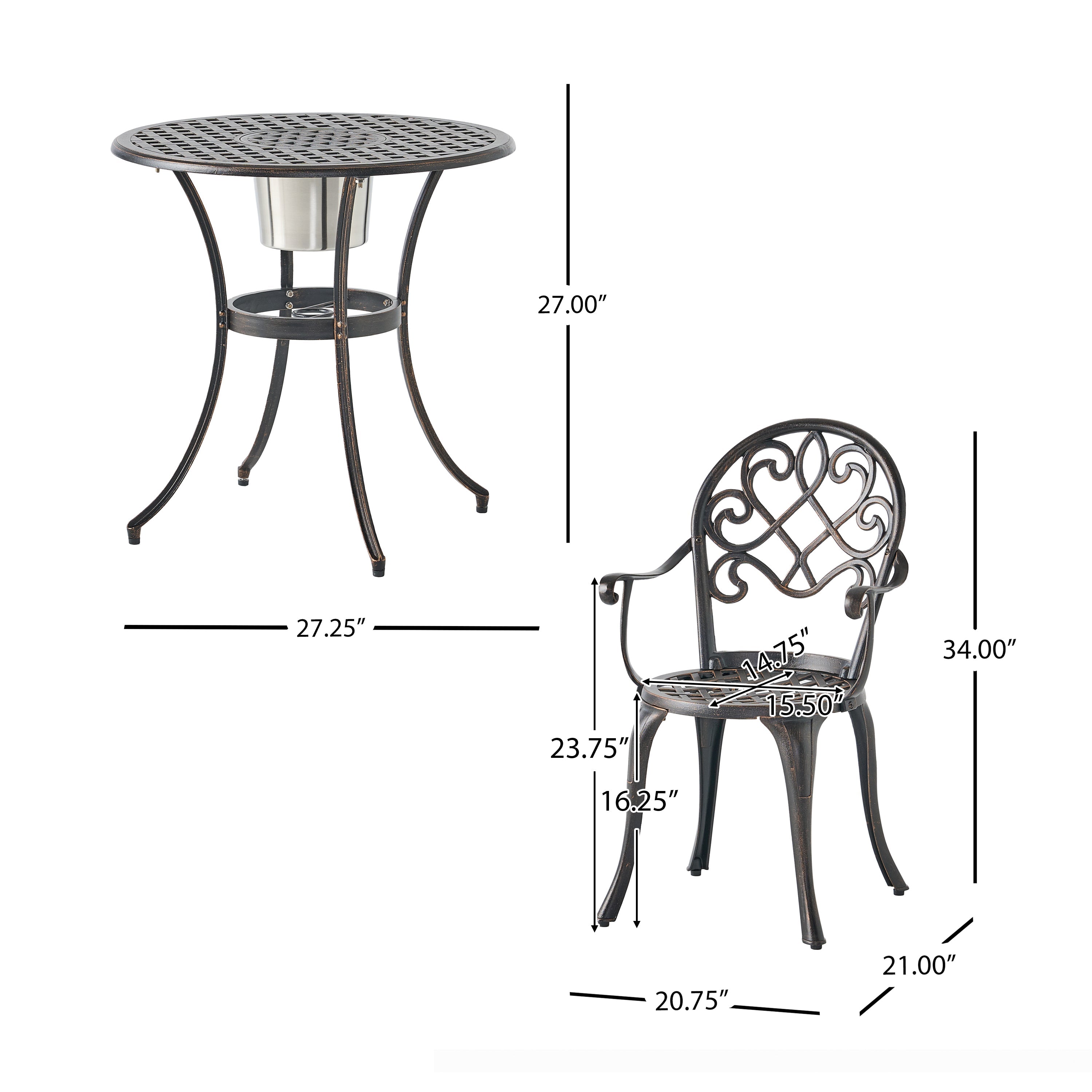 Outdoor Bistro Set Cast Aluminum Copper 3 Piece Ice Bucket Table 2 Chairs