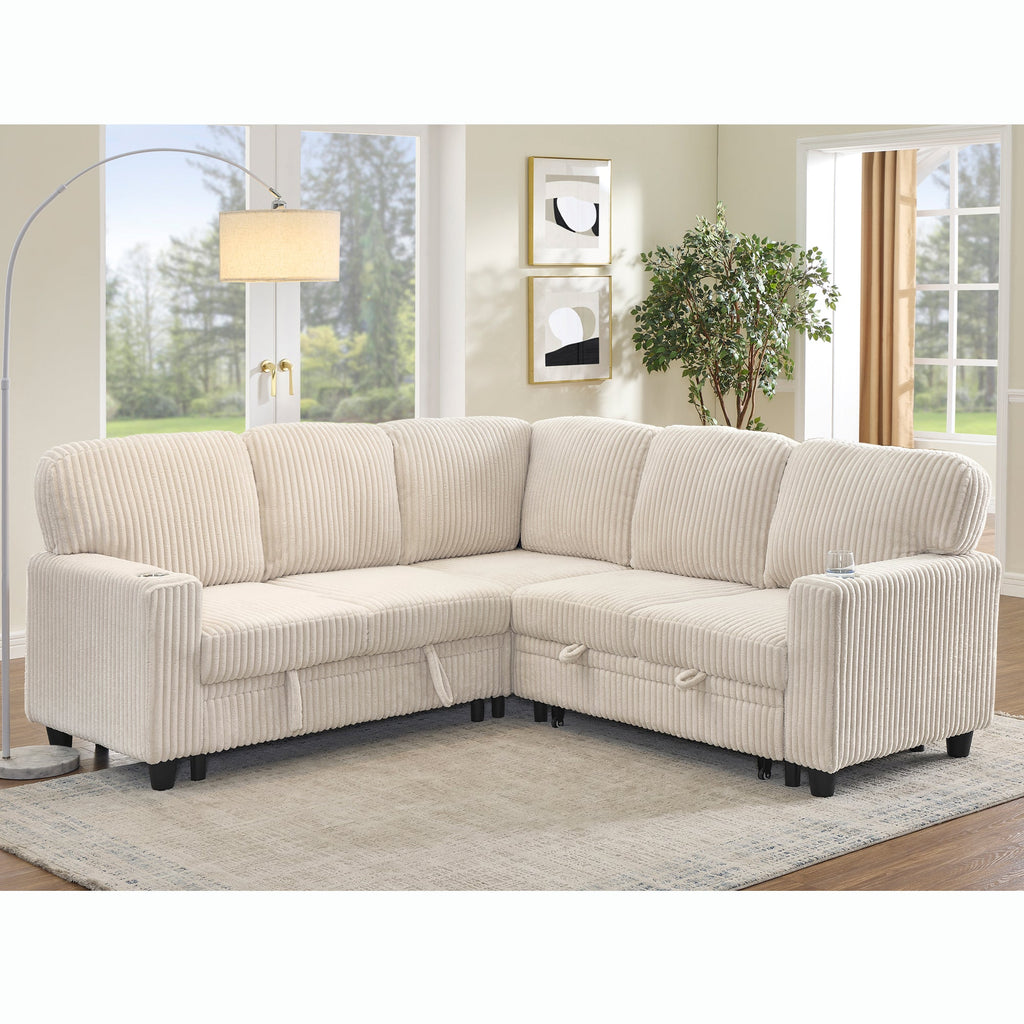 Sofa Bed L-Shape Corduroy Beige 5 Seat Pull-Out USB Ports 81 In