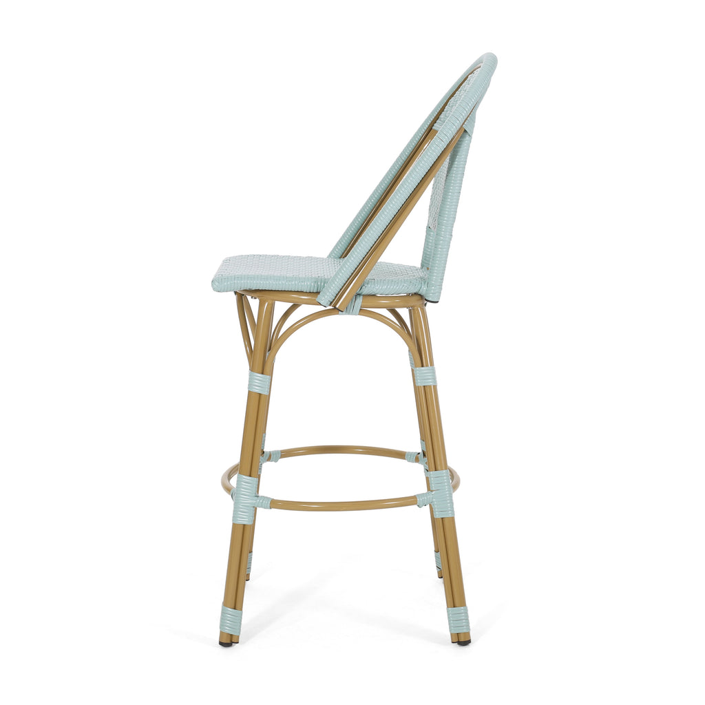 29.5 Inch Outdoor PE Rattan Aluminum French Barstools, Set of 2, Light Teal