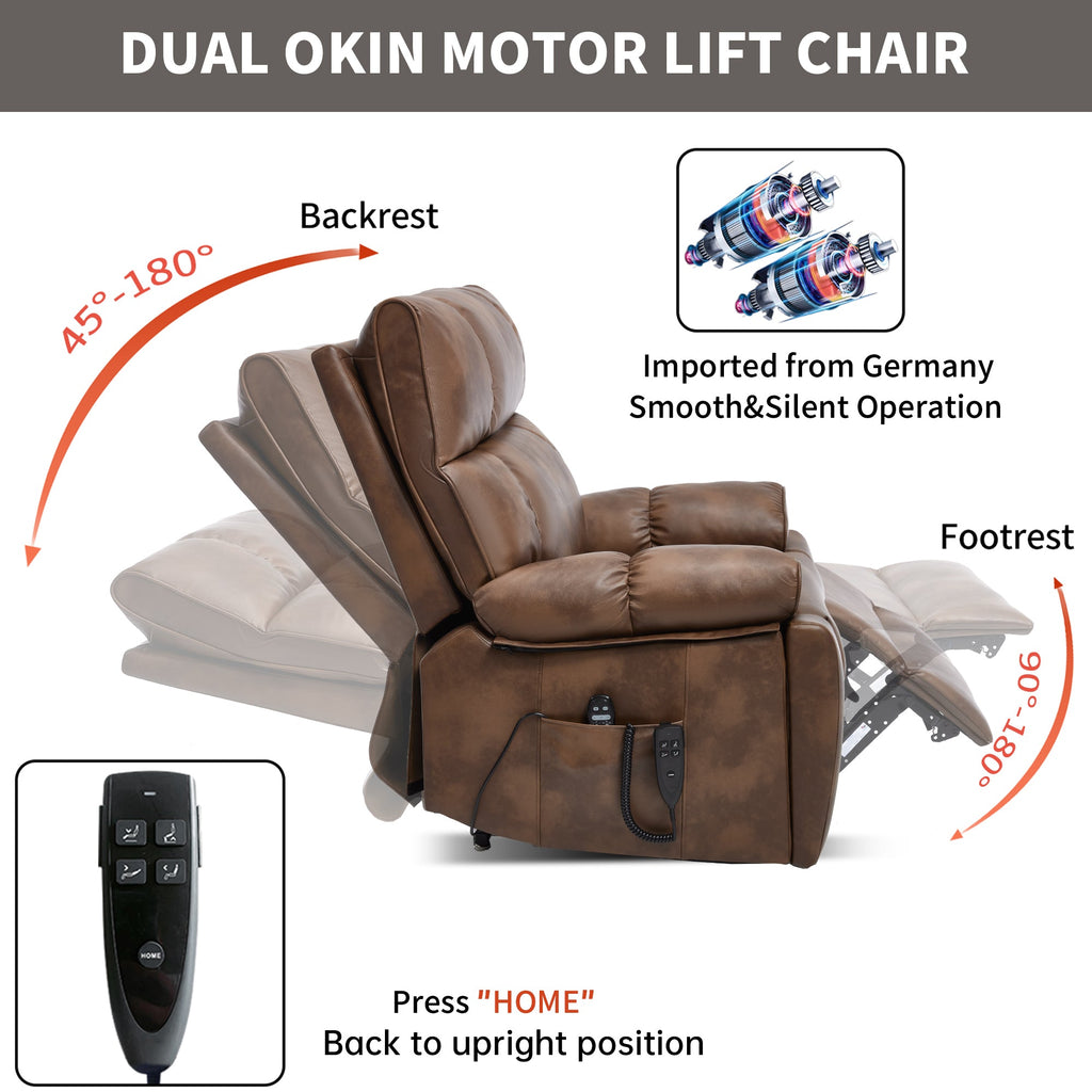 Lift Recliner Chair Power Faux Leather Brown Dual Motor Heat Massage 350 LB