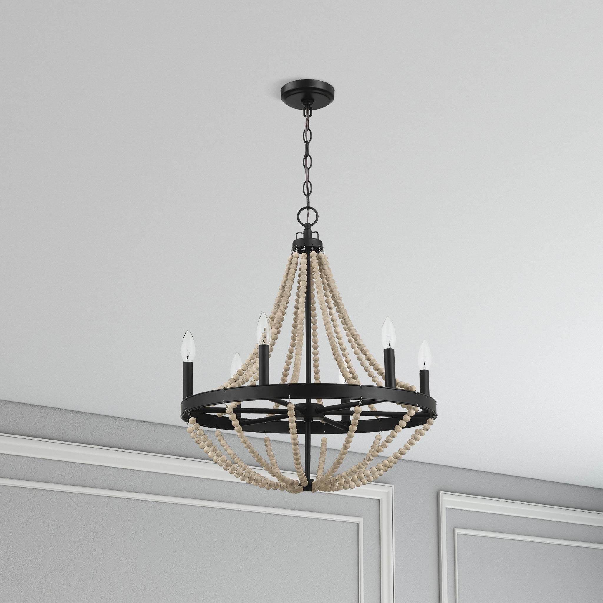 Chandelier Farmhouse Wood Beaded 6-Light Black Metal Glass 22 In