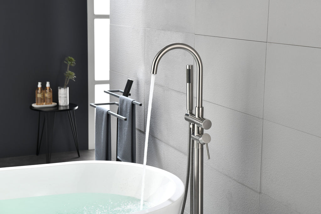 Floor Mounted Tub Faucet High Flow Freestanding Tub Filler with Handheld Shower Swivel