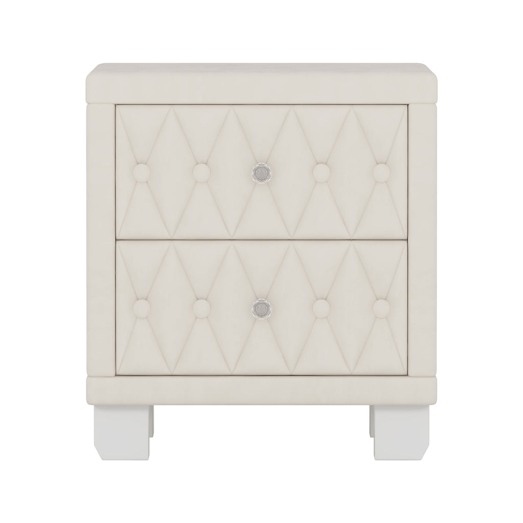 Velvet Nightstand with 2 Drawers, Crystal Handle, Button-Tufted, Beige