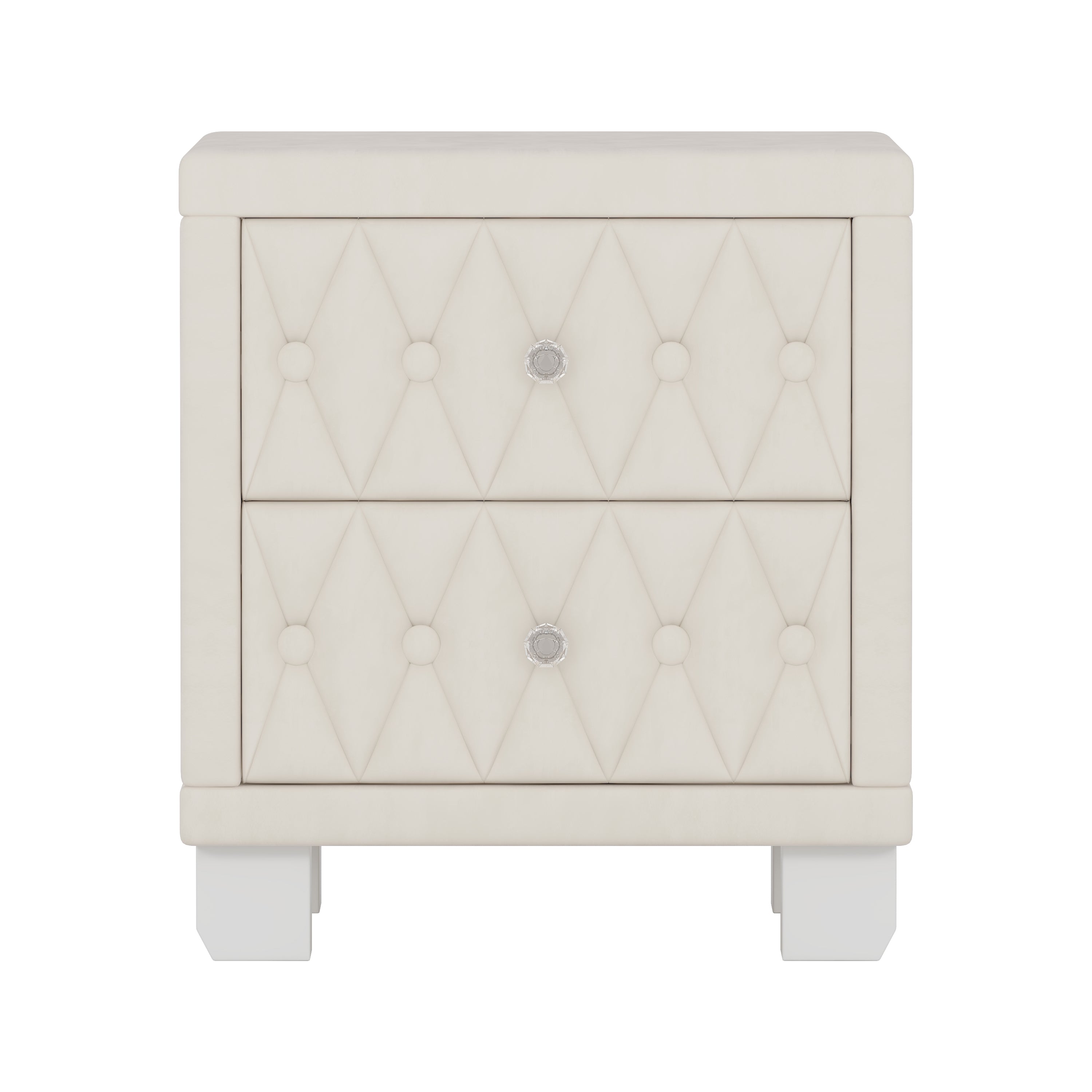 Velvet Nightstand with 2 Drawers, Crystal Handle, Button-Tufted, Beige