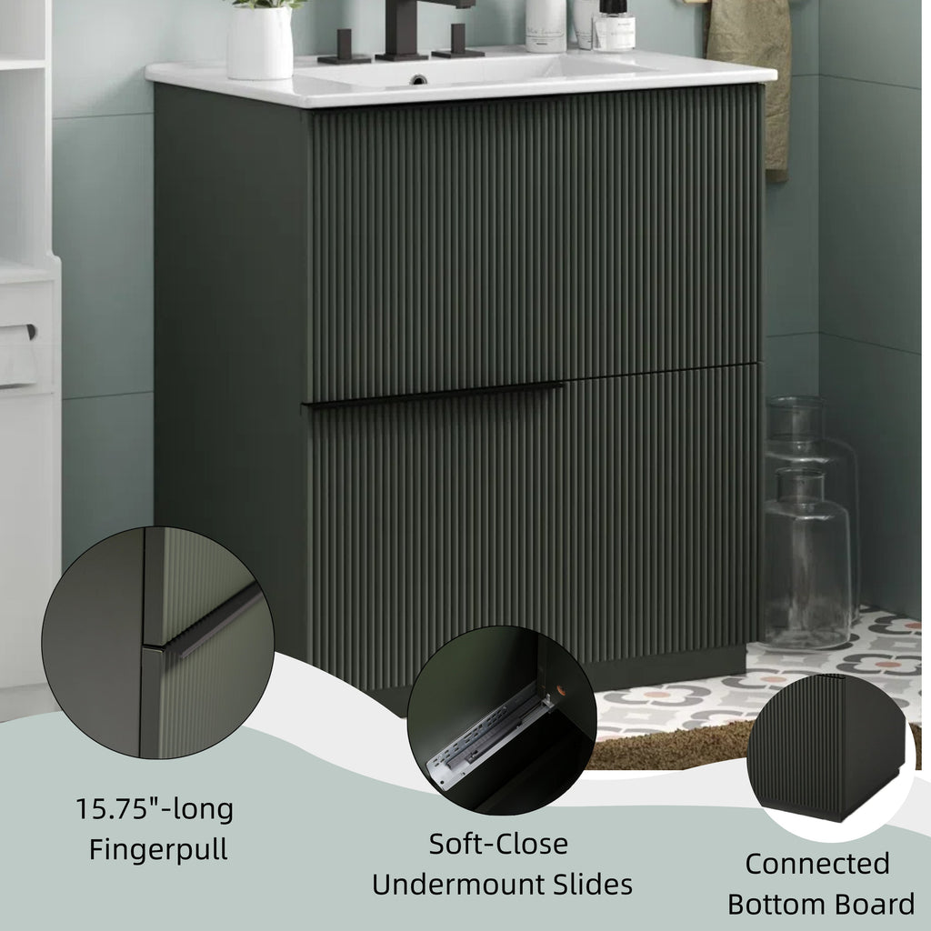 Green Fluted Bathroom Vanity with Ceramic Sink, 30' Full-Extension Drawers, S...