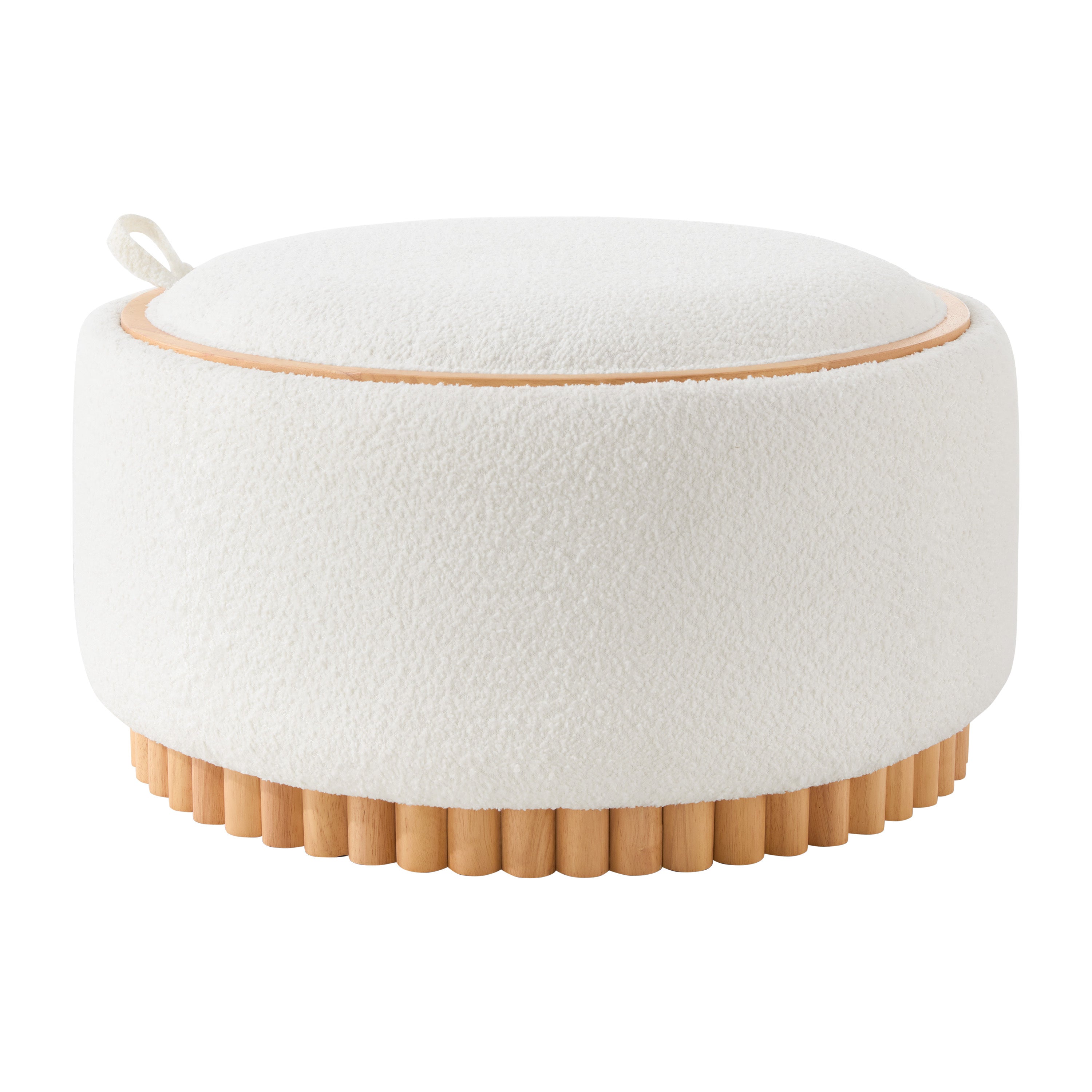 29' Round Storage Ottoman with Solid Wood Legs, Boucle Fabric, No Assembly