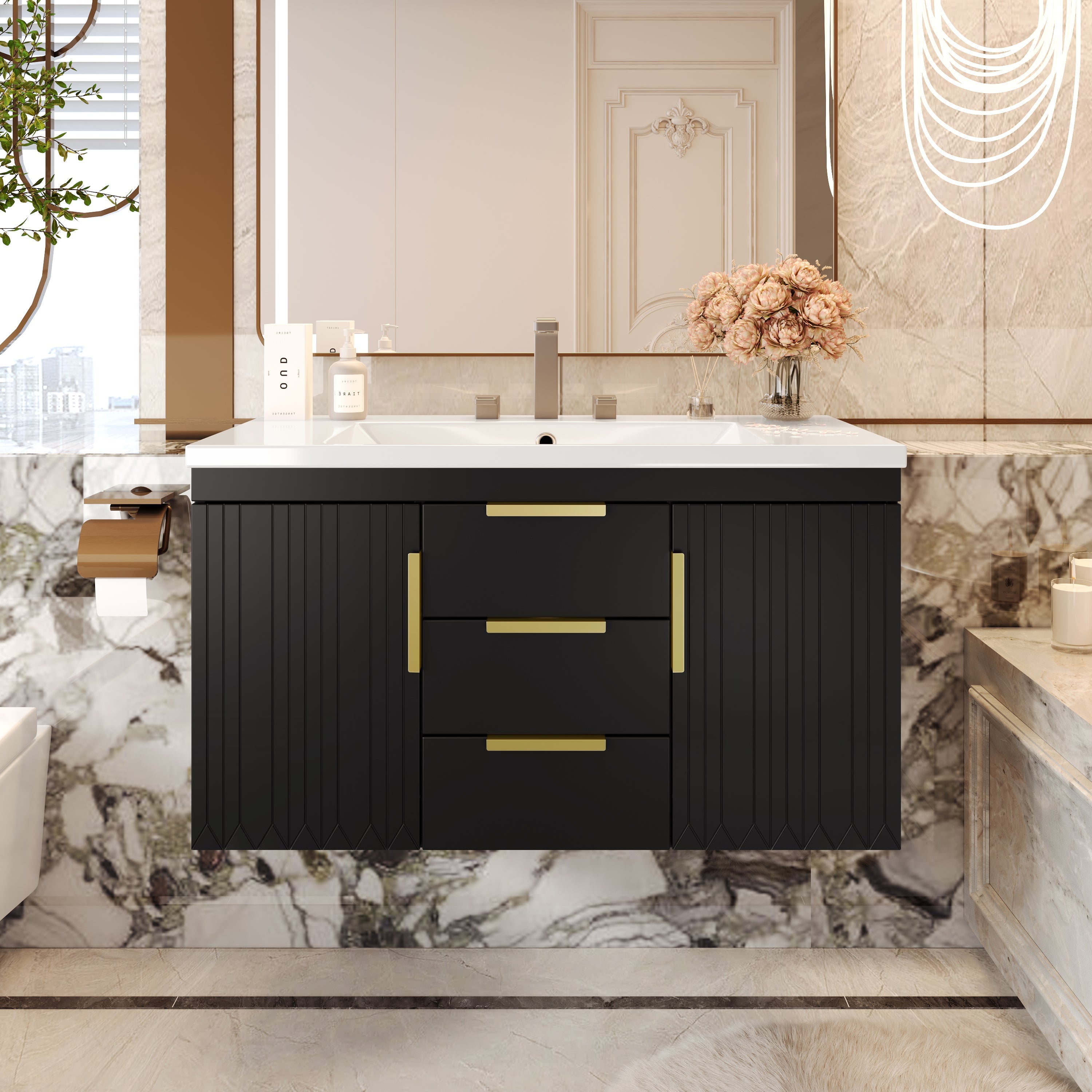 36'' Wall Mounted Bathroom Vanity with Resin Sink and 2 Drawers