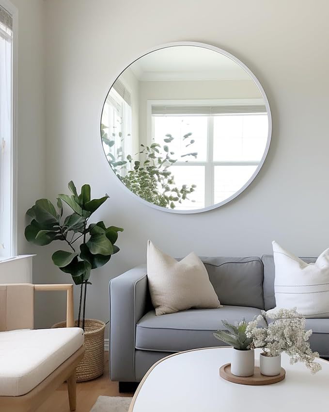 Wall Mirror Round Aluminum Frame Silver 42 In HD Glass Shatterproof Film