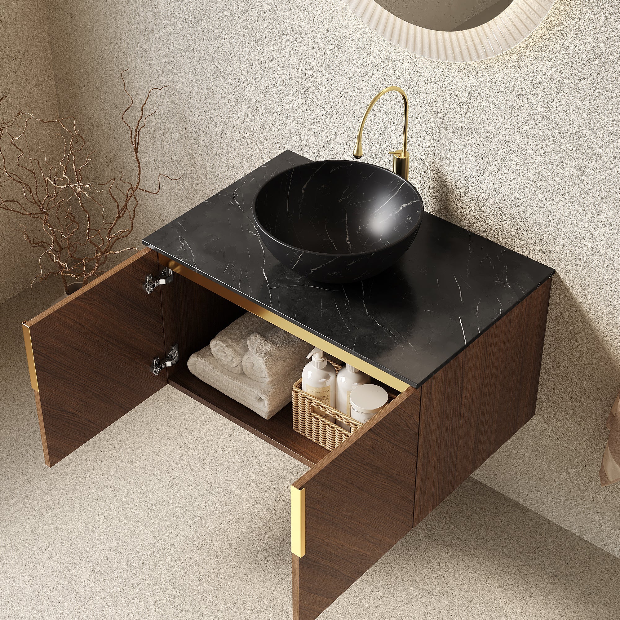 30' Bathroom Vanity with Sink, Floating Plywood 2 Doors Black Stone Black Bowl Basin