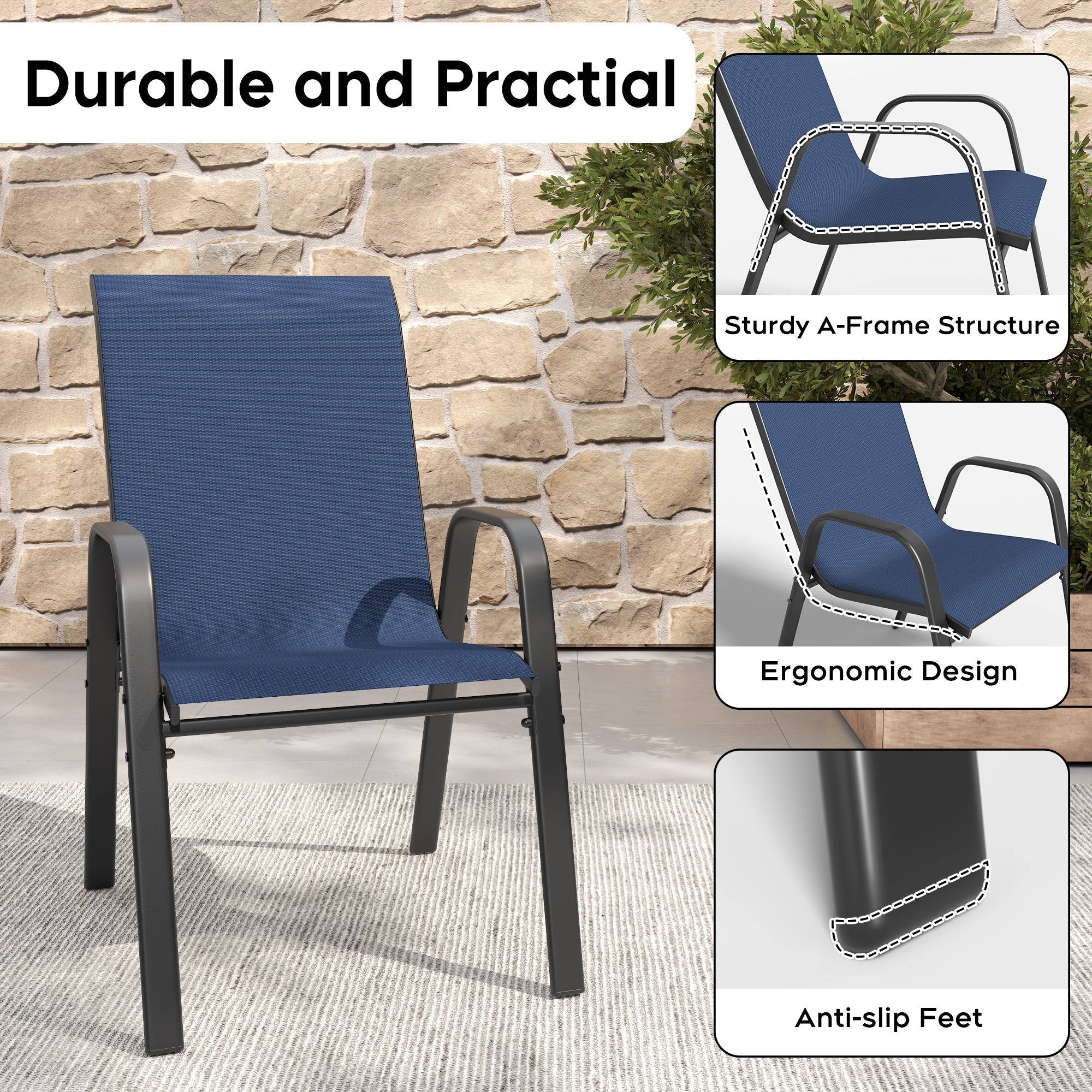Outdoor Dining Chair 4-Piece Set Navy Blue Wide Seat 350 lb Waterproof