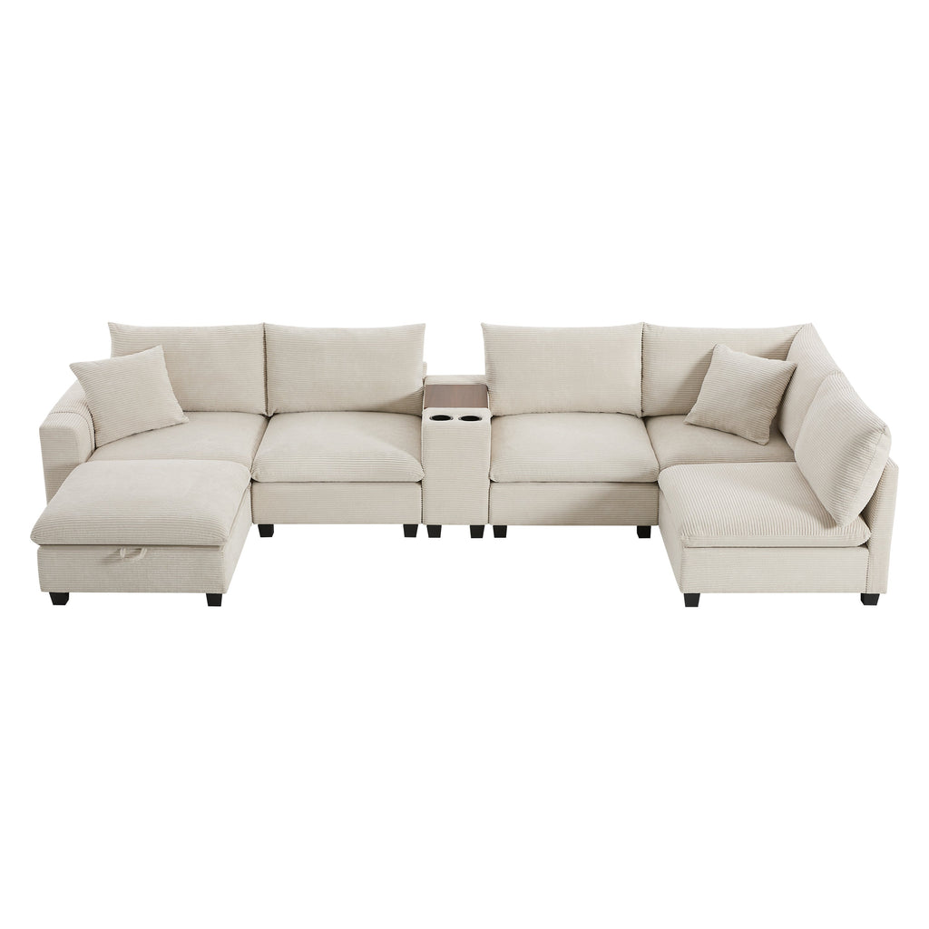 Sectional Sofa U-Shape Corduroy Beige 6 Seat Storage Ottoman USB 140 In