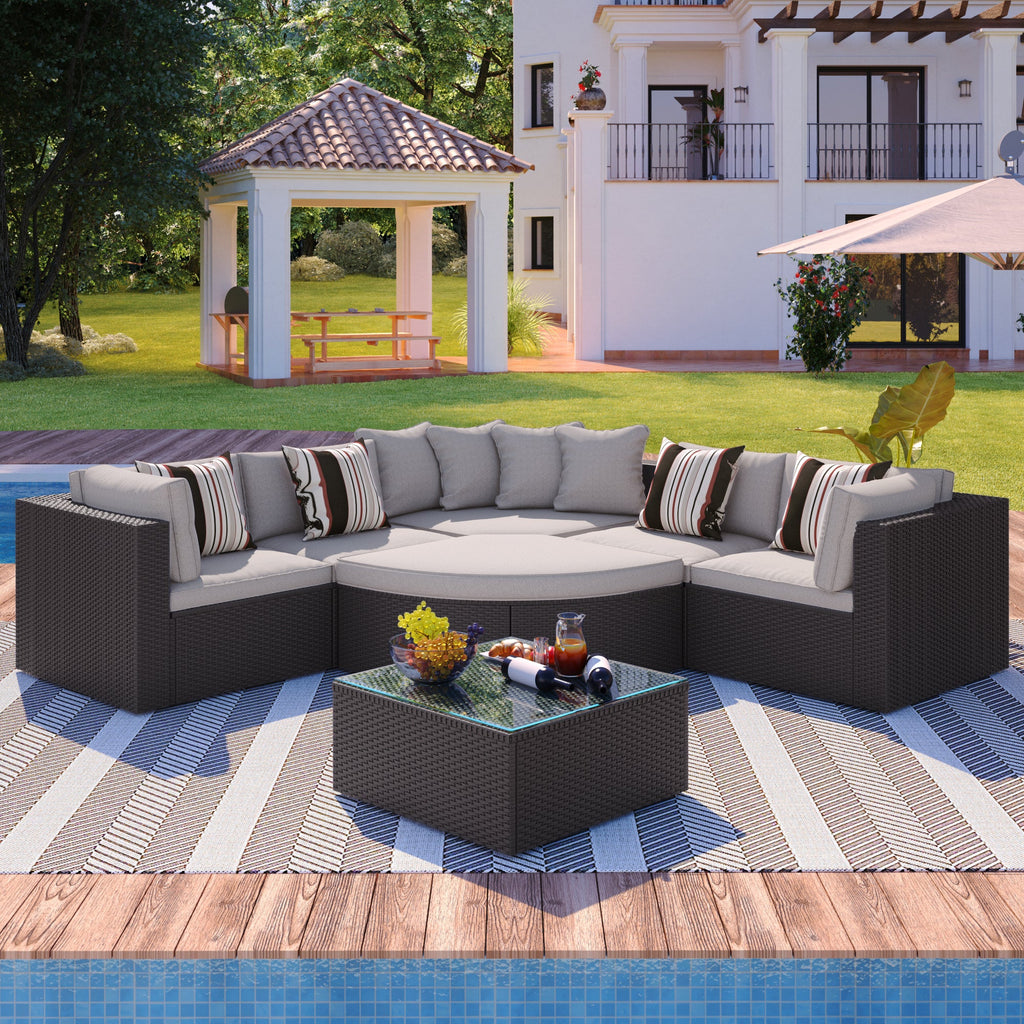 Outdoor Wicker Sofa Set Brown 7 Piece Colorful Pillows Seats 6