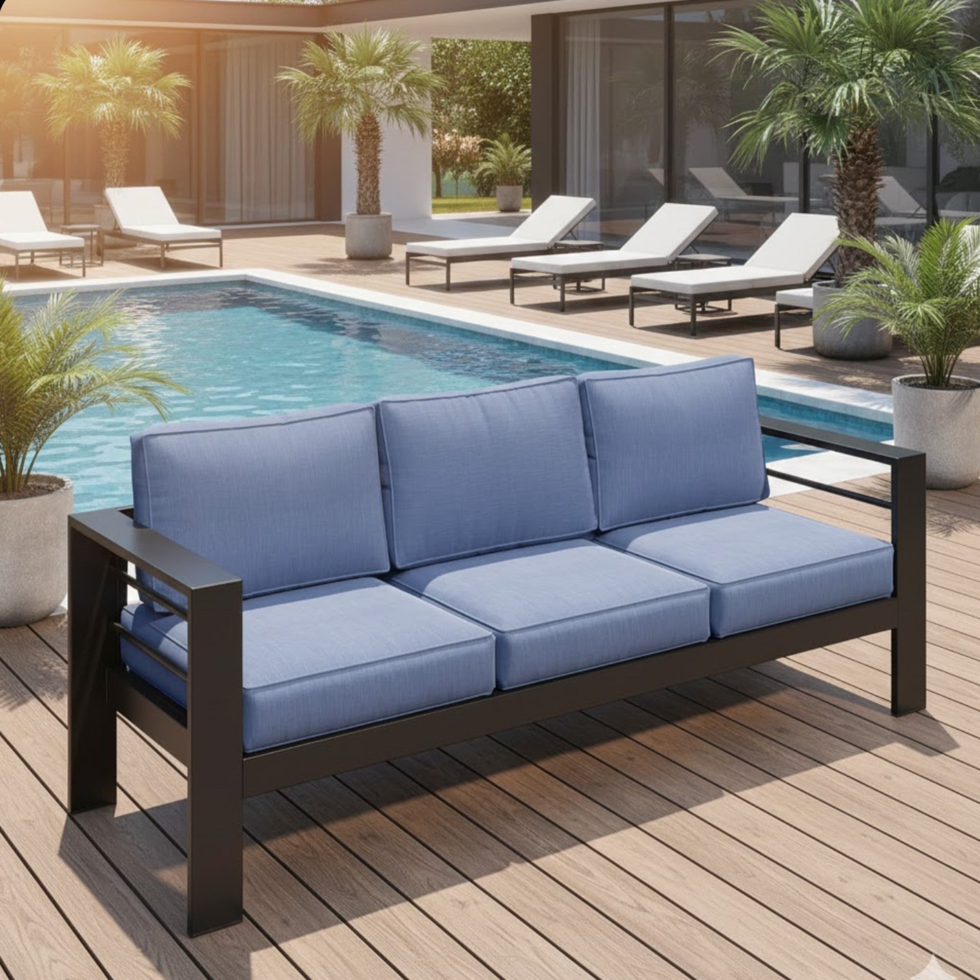 Outdoor Aluminum Sofa 3 Seat 74" Blue Cushions