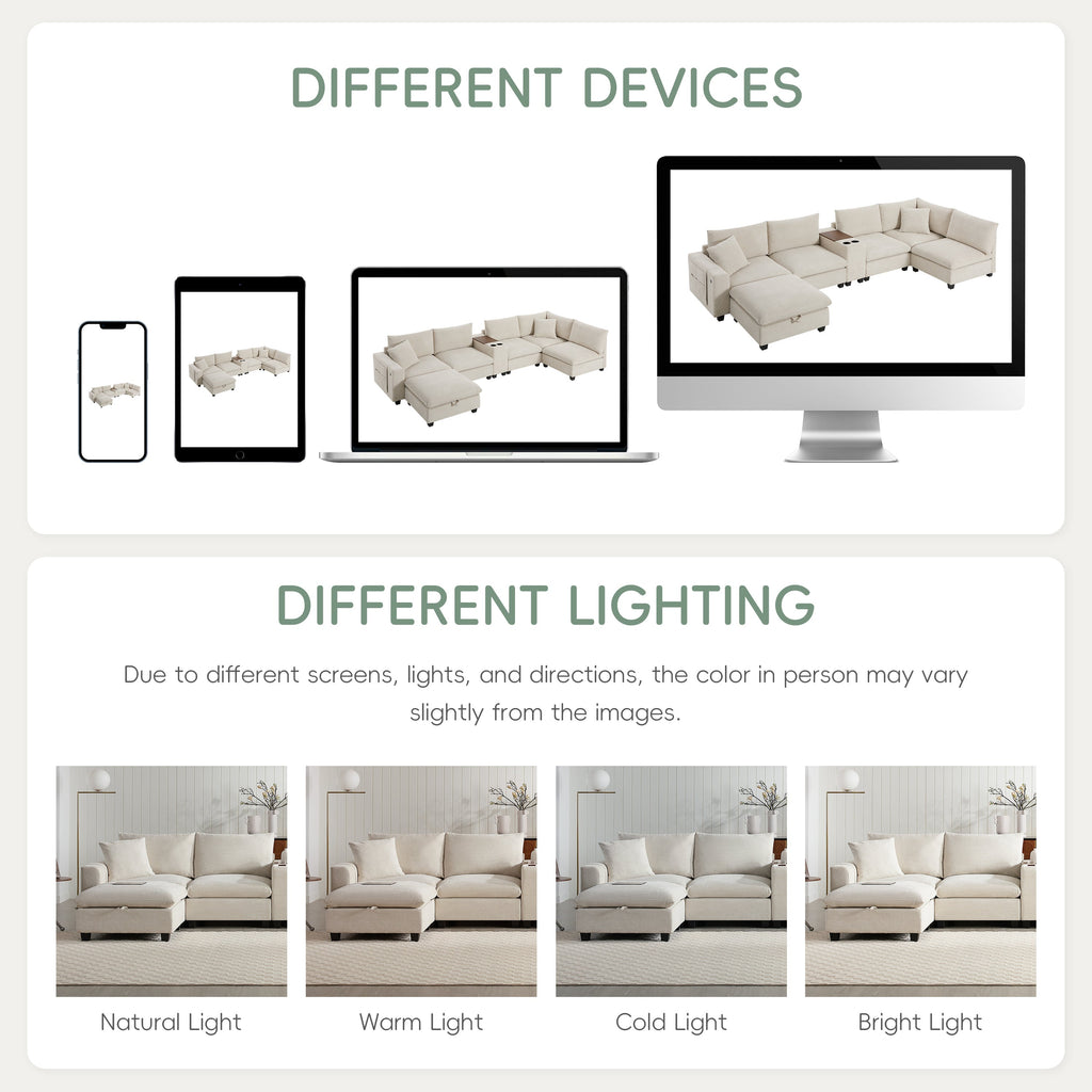 Sectional Sofa U-Shape Corduroy Beige 6 Seat Storage Ottoman USB 140 In