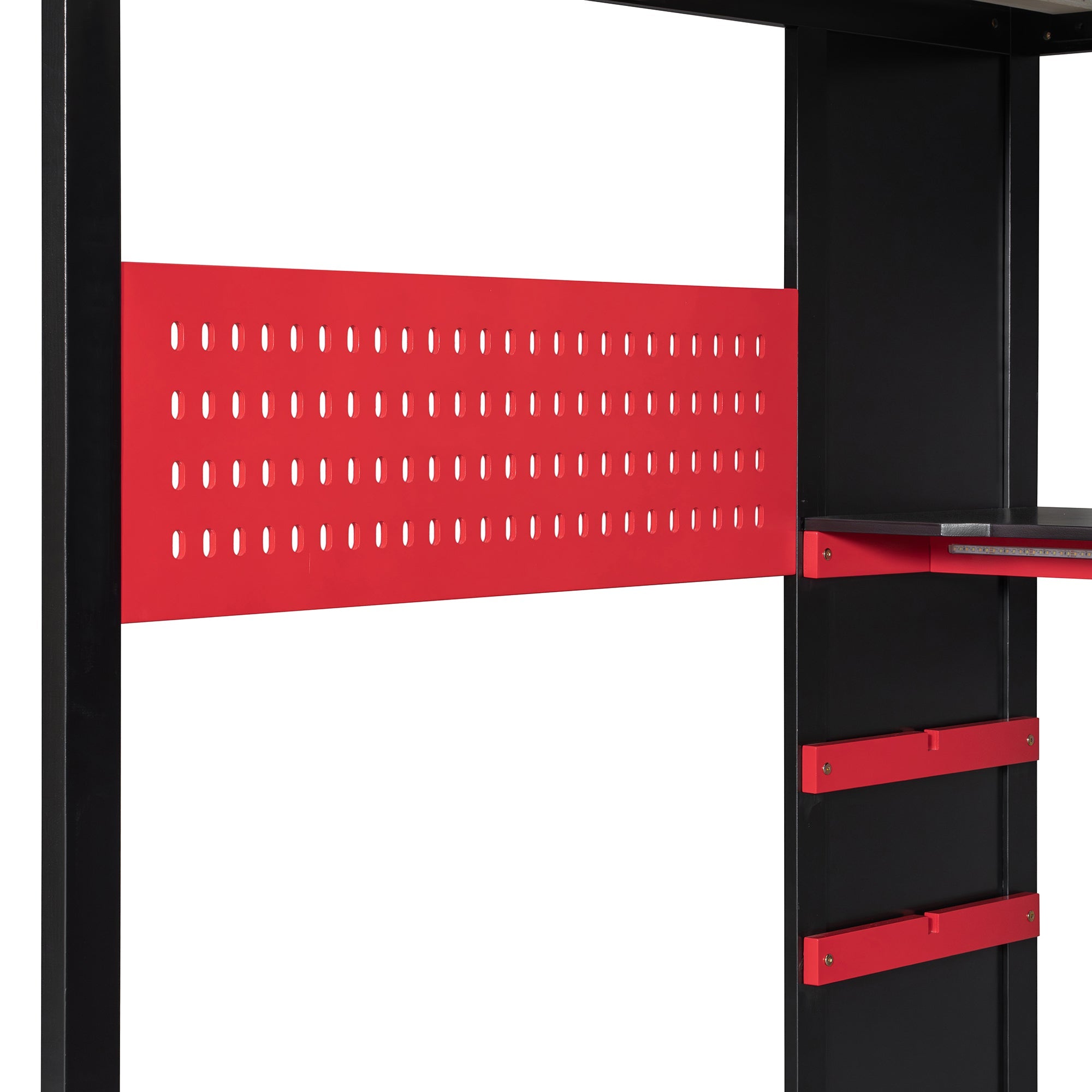Full Size Wood Loft Bed with Desk, Multi-storage Shelves,USB and RGB Light, Red