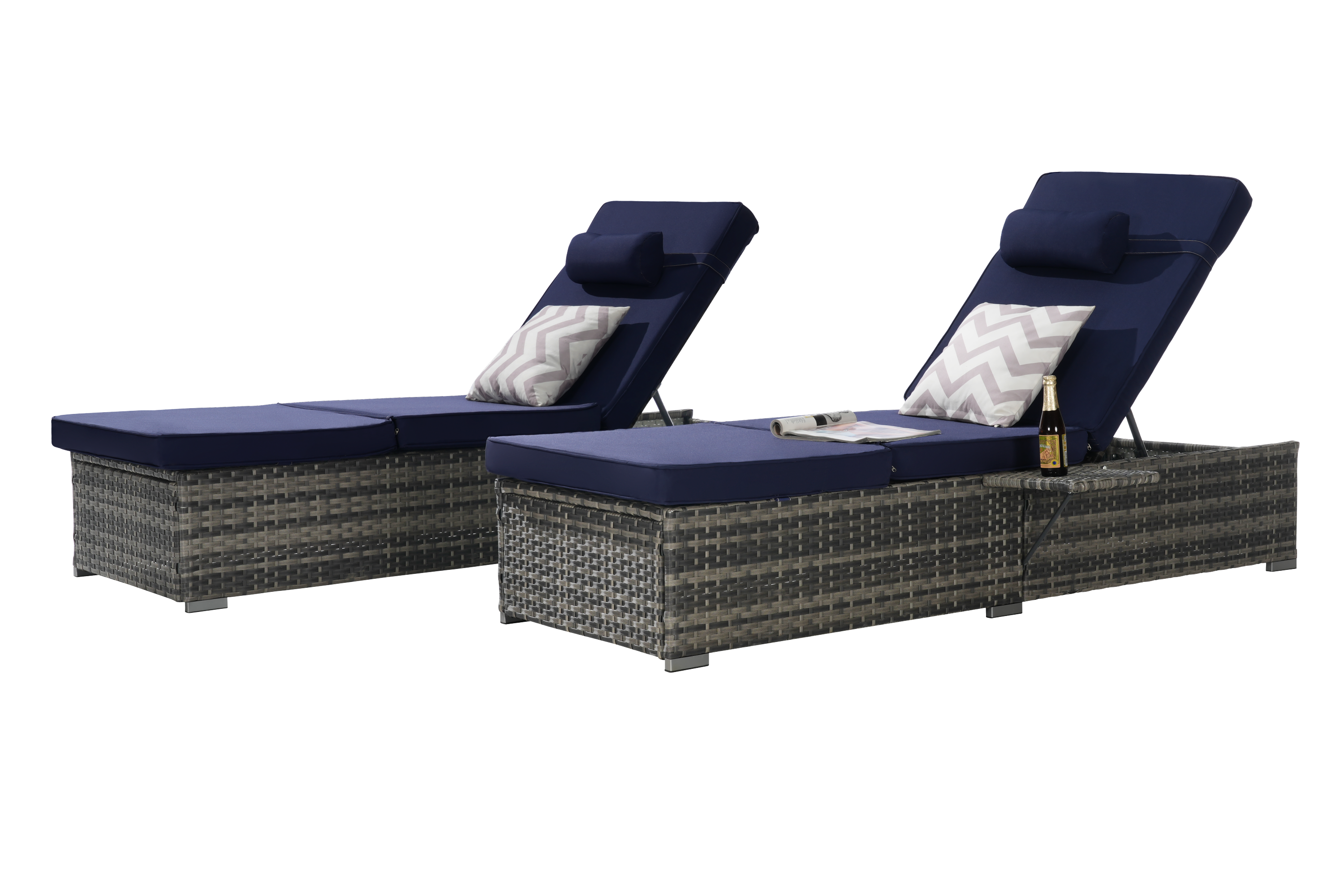 Outdoor Chaise Lounge Chair Set of 2, Rattan Storage Patio Pool Chairs with Cushion