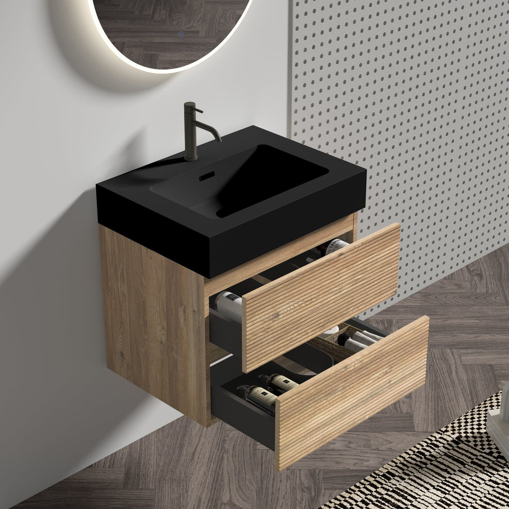 24' Floating Bathroom Vanity with Matte Black Quartz Sink and Oak Drawers