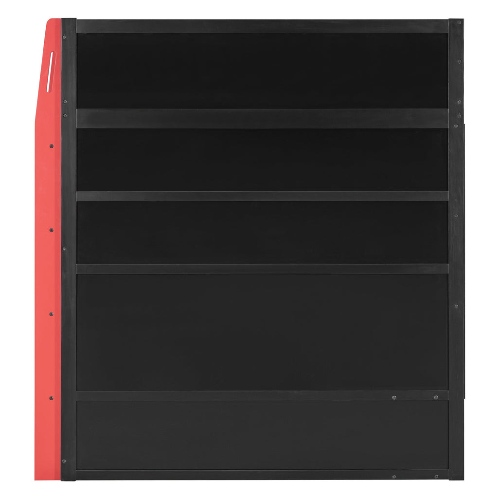 Full Size Wood Loft Bed with Desk, Multi-storage Shelves and RGB Light, Red