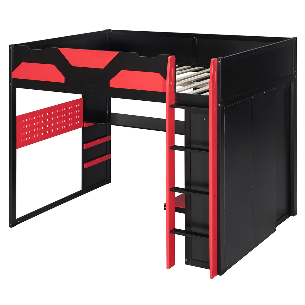 Full Size Wood Loft Bed with Desk, Multi-storage Shelves,USB and RGB Light, Red