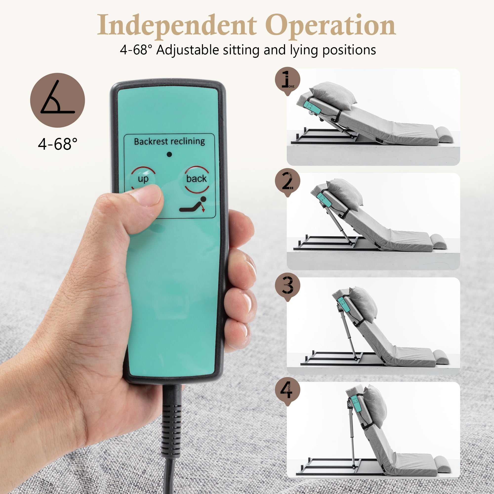 Bed Backrest Electric Adjustable 4-68 Degree Remote Washable 300 LB 47 In