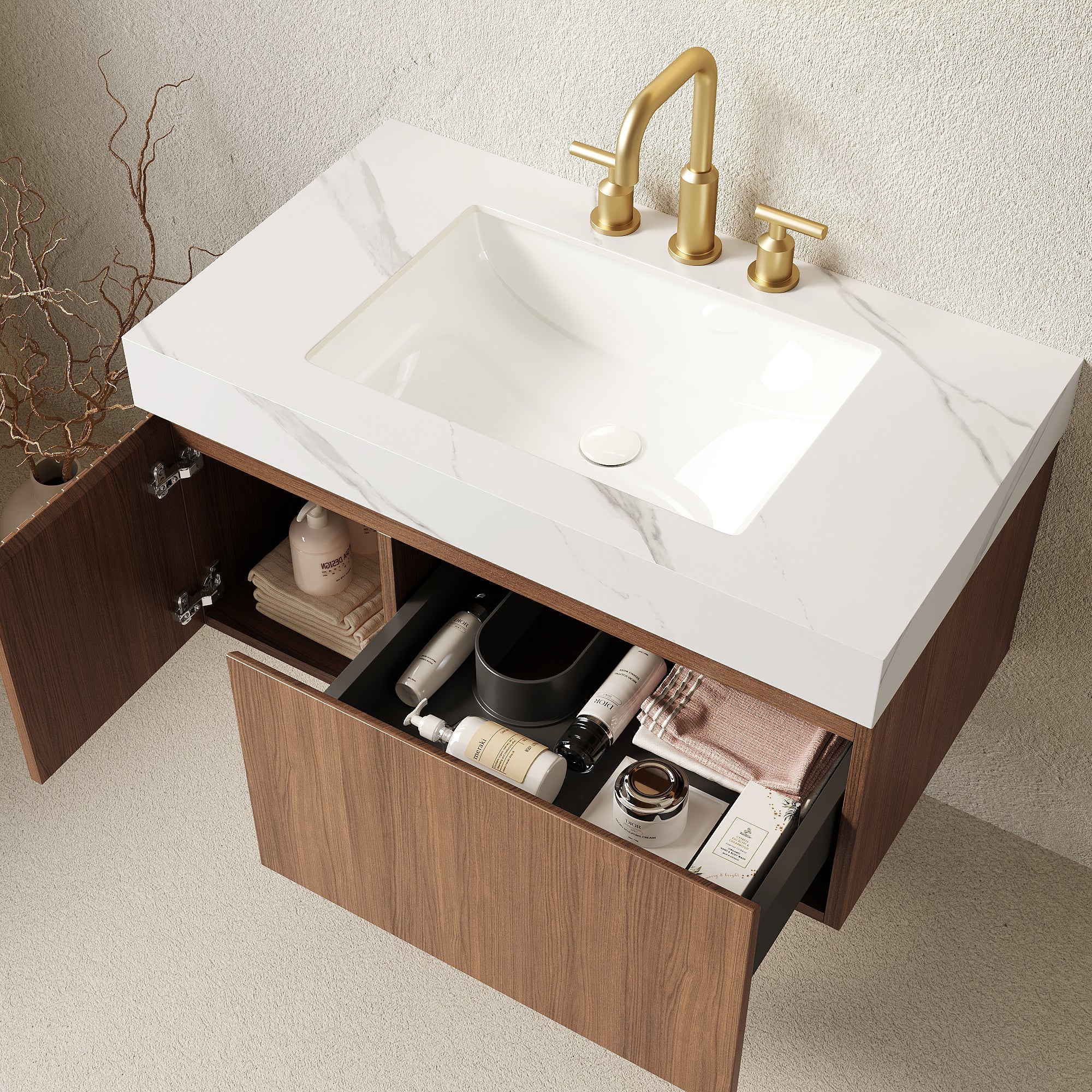 36' Bathroom Vanity with Sink, Floating Plywood Cabinet Carrara White Sintered Stone