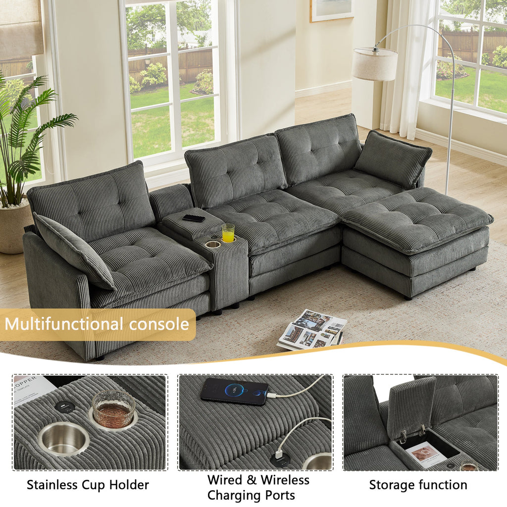 Sectional Sofa L-Shape Corduroy Gray 4 Seat USB Ports Ottoman 119 In