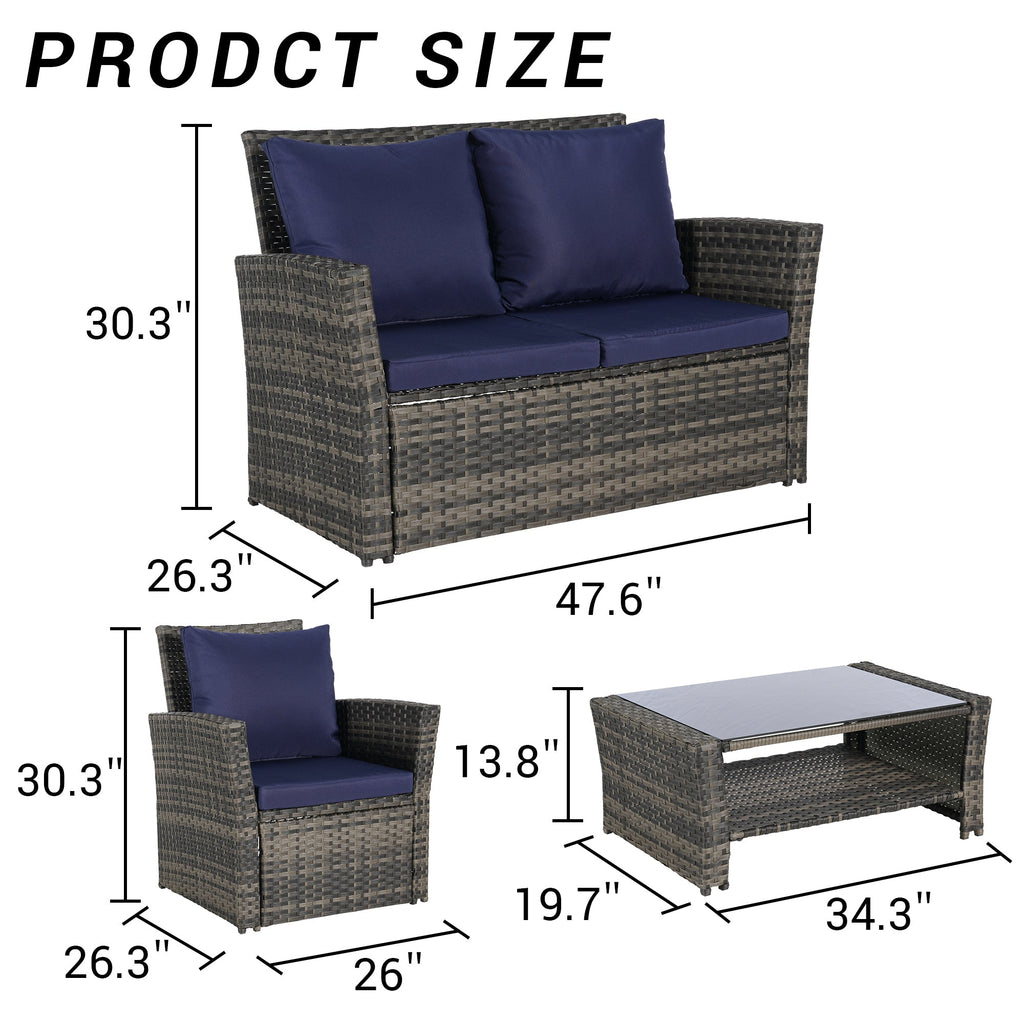 Outdoor Patio Set PE Rattan Steel Dark Blue 4 Piece Glass Seats 4