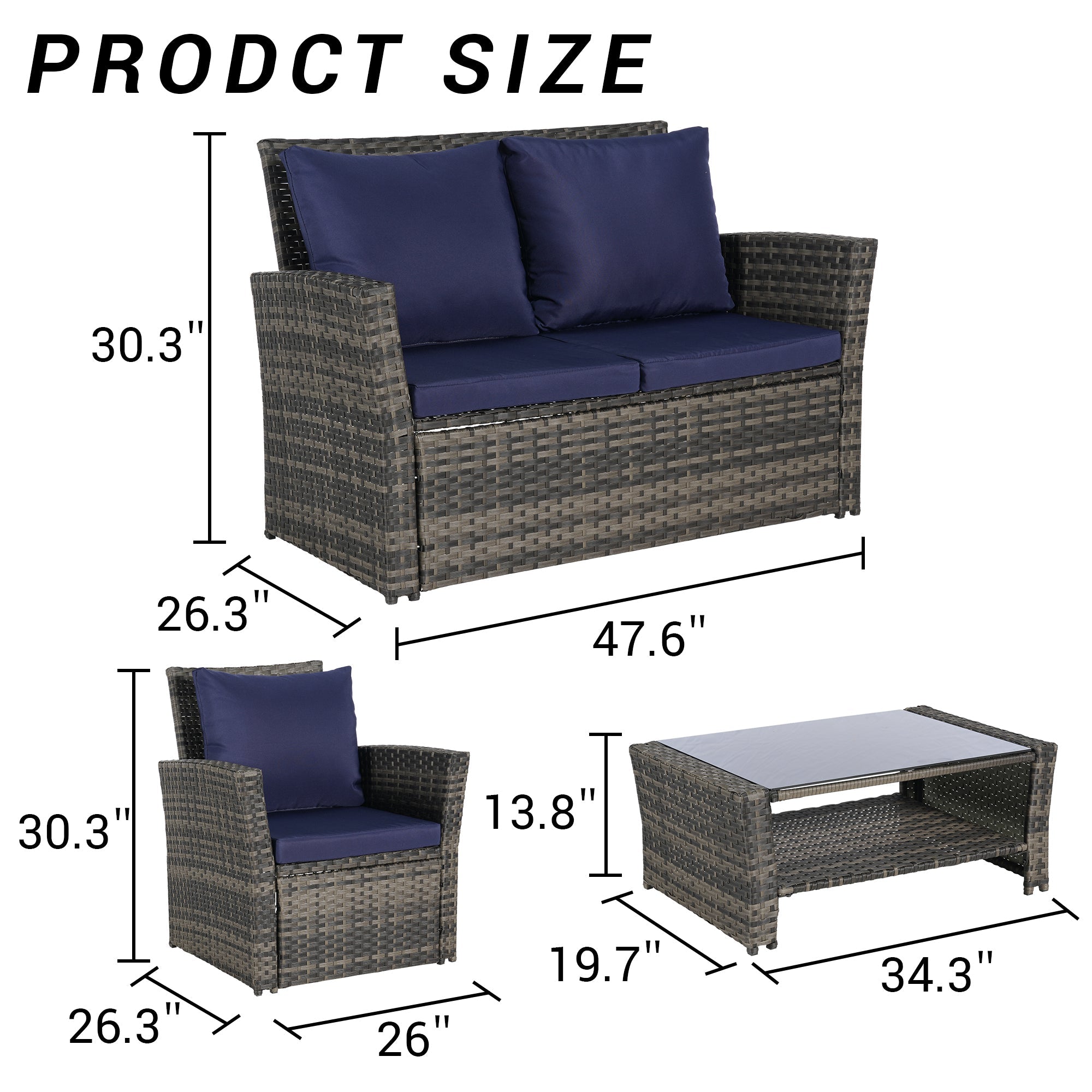 Outdoor Patio Set PE Rattan Steel Dark Blue 4 Piece Glass Seats 4