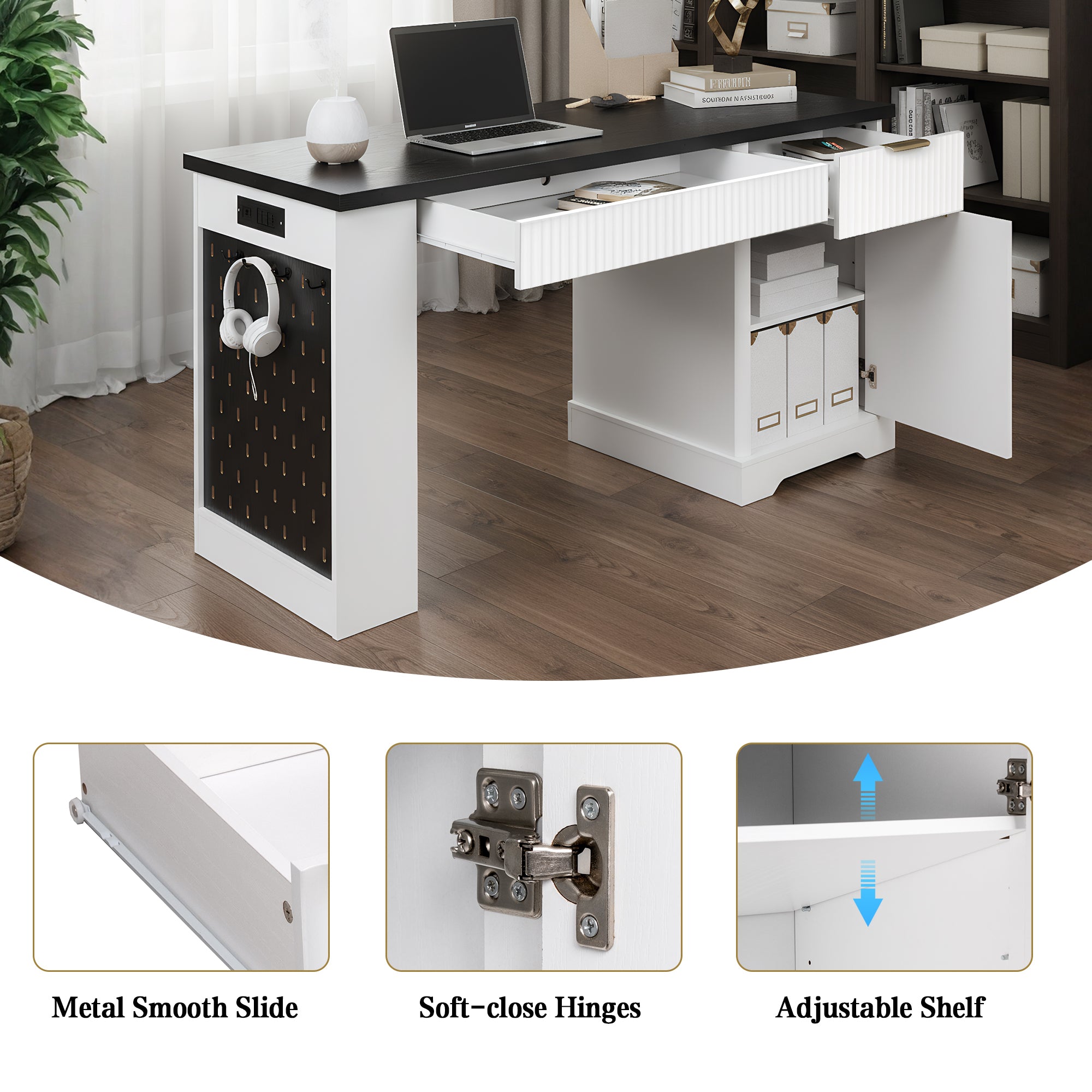 55' Modern Fluted Office Desk with Storage Cabinet and Drawers, Computer Writ...