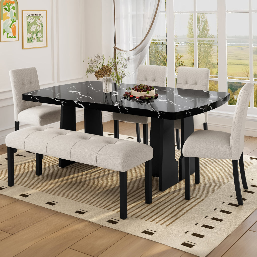 6 Piece Modern Dining Table Set, 63' Faux Marble Dining Table with Geometric