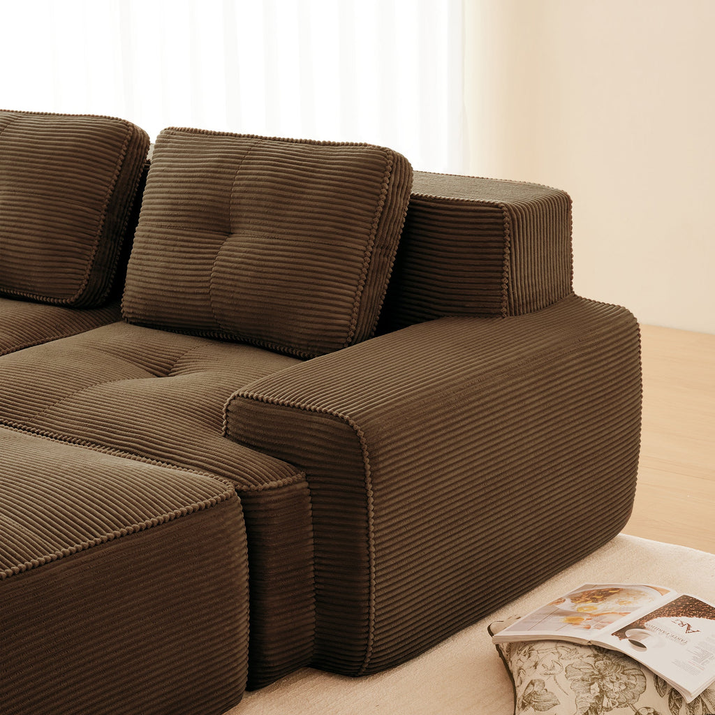 Sectional loveseat L-Shape Corduroy Brown 2 Seat Modular with Ottoman 82 In