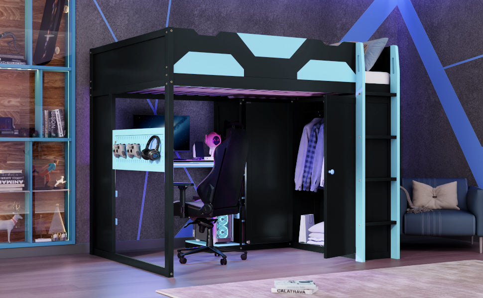 Full Size Wood Loft Bed with Desk, Multi-storage Shelves, USB and RGB Light