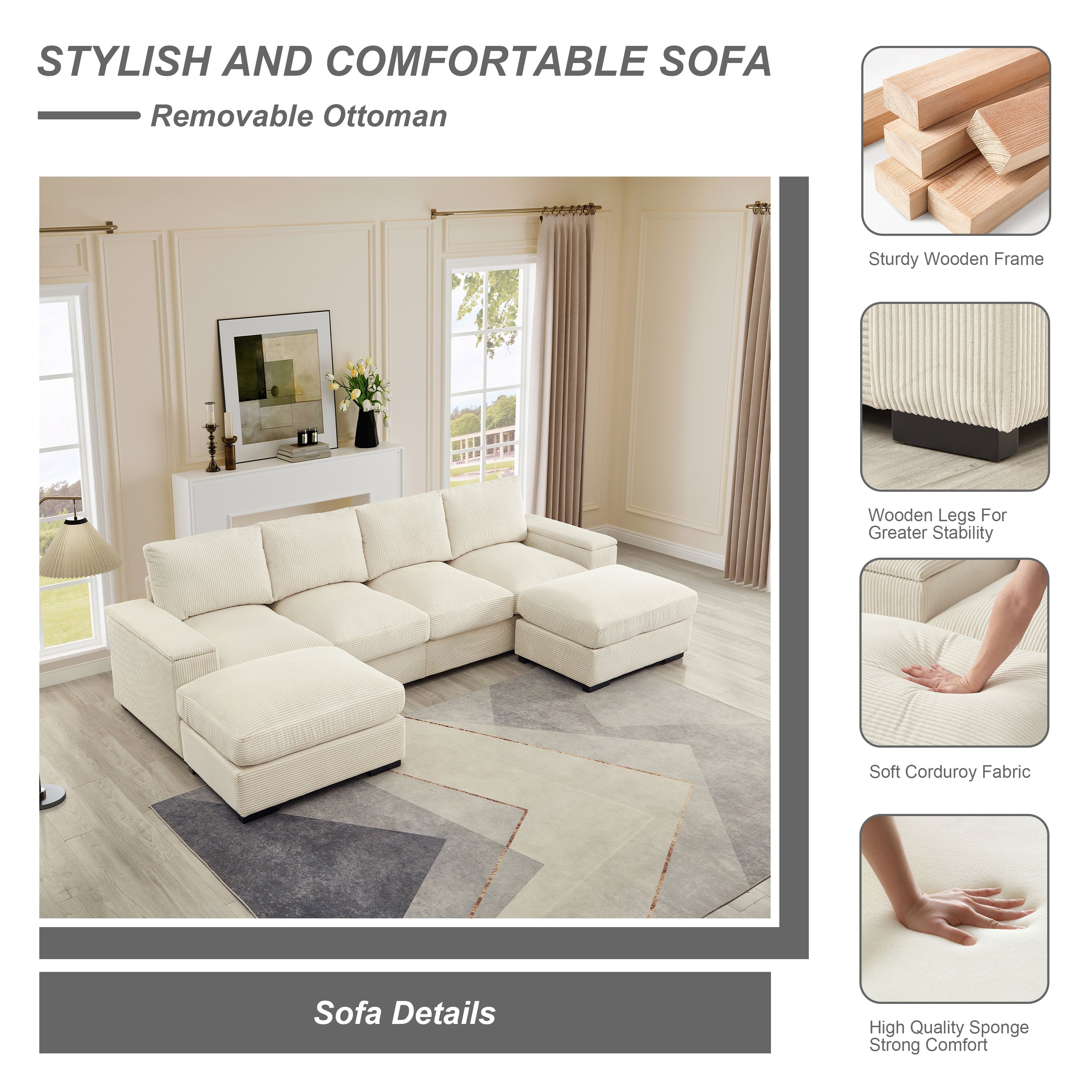 Sectional Sofa U-Shape Corduroy Beige 4 Seat 122 In 2 Ottomans