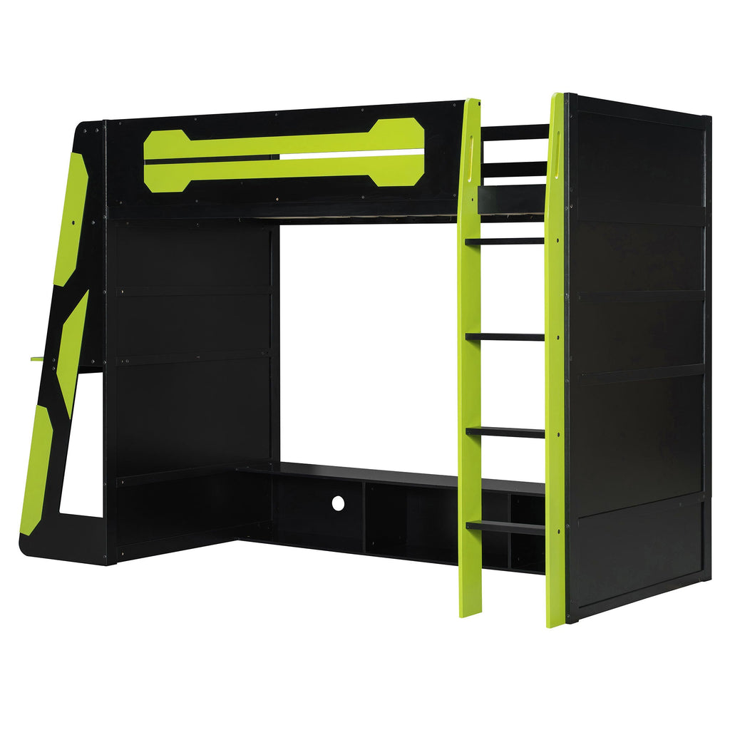Twin Size Wood Loft Bed with Desk, Multi-storage Shelves and RGB Light, Green
