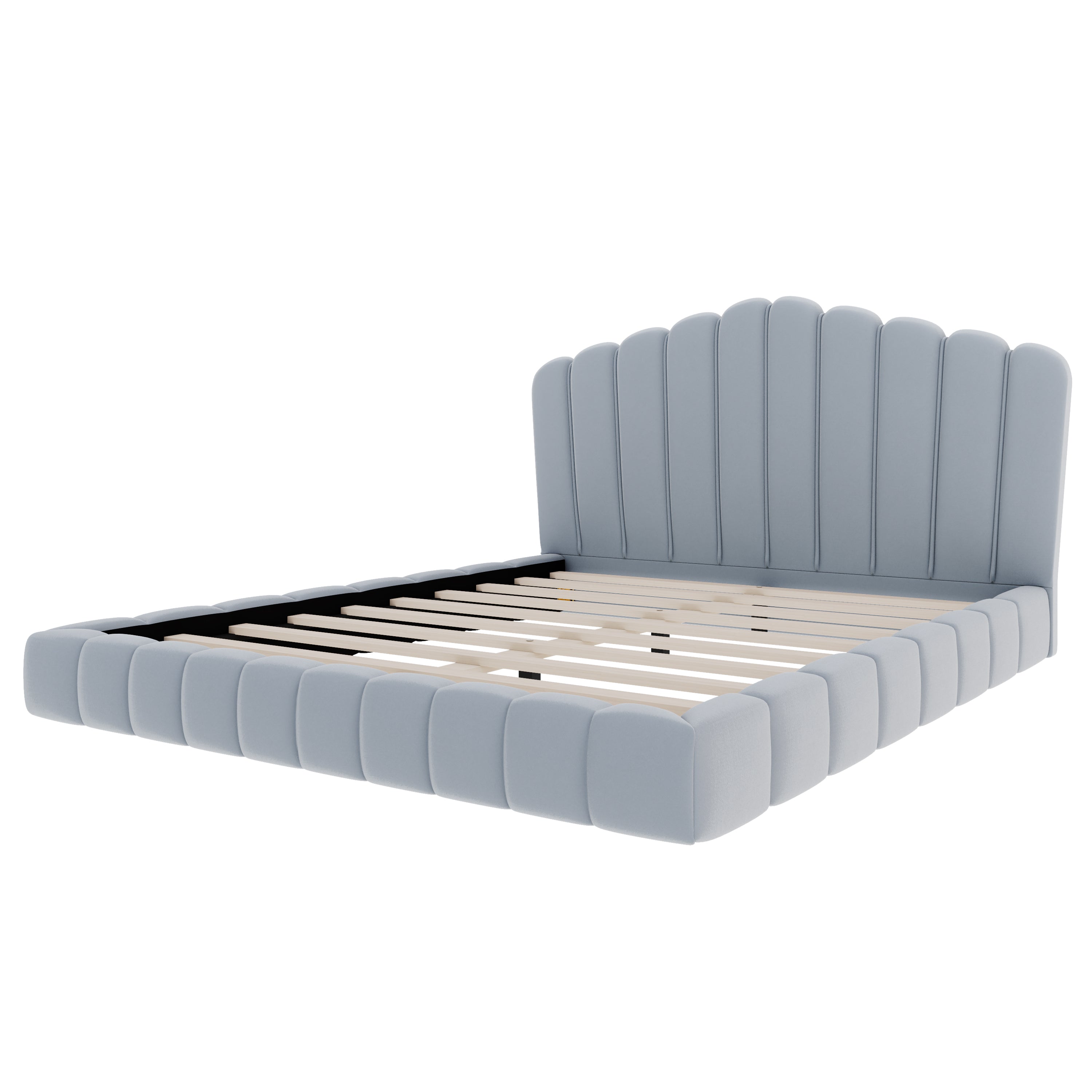 Velvet Upholstered Queen Bed Frame with Shell-Shaped Headboard, Light Blue