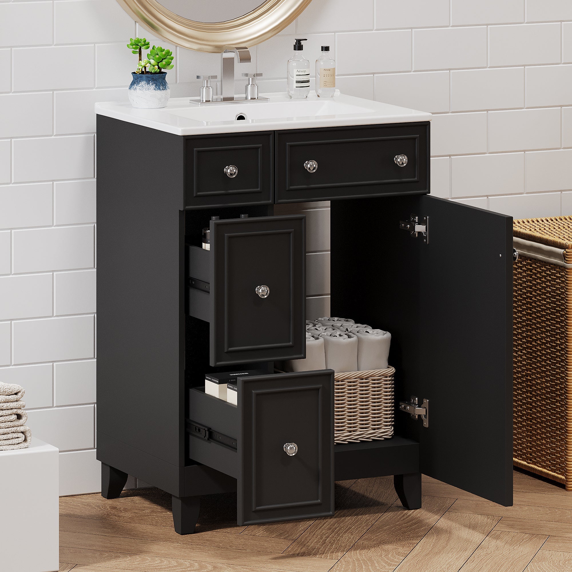 Transitional Bathroom Vanity Cabinet with Ceramic Sink, 24-Inch, Black, Solid...