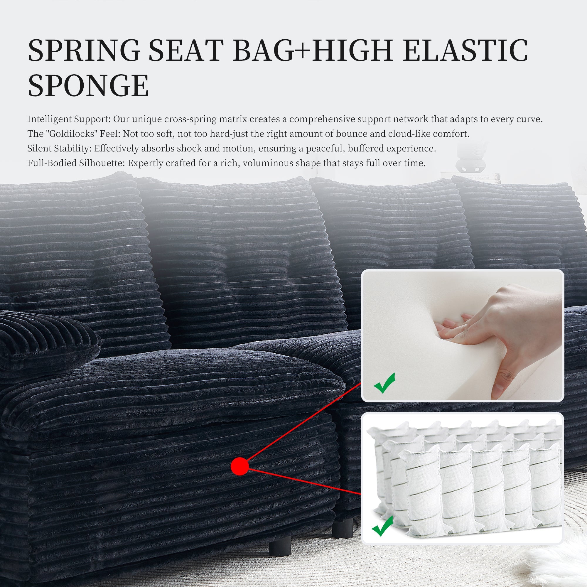 Sectional Sofa U-Shape Modular Corduroy Black 6-Seat with 2 Ottomans 140.94 In
