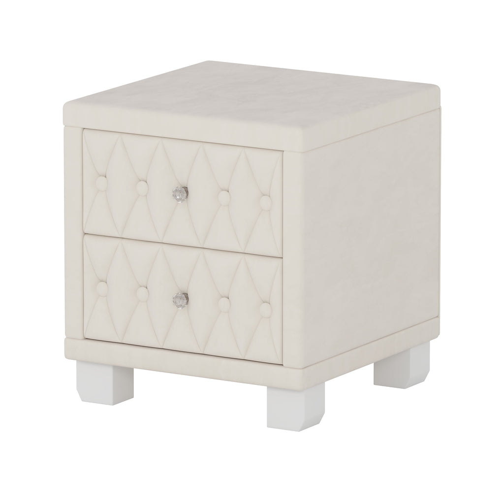Velvet Nightstand with 2 Drawers, Crystal Handle, Button-Tufted, Beige