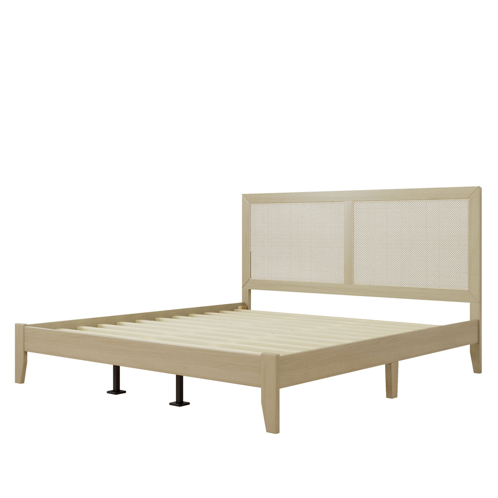 Solid Wood Platform King Bed With Rattan