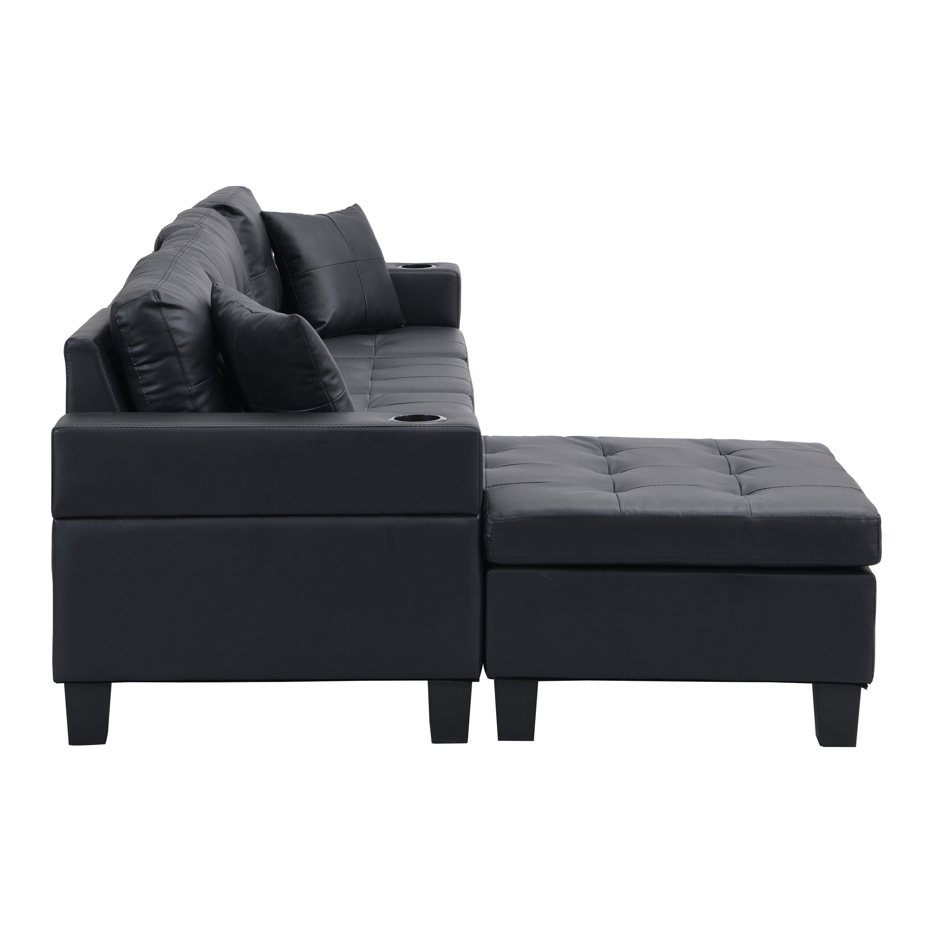 Sectional Sofa L-Shape Chaise PU Leather Black 4-Seat Cup Holders 96x57 In