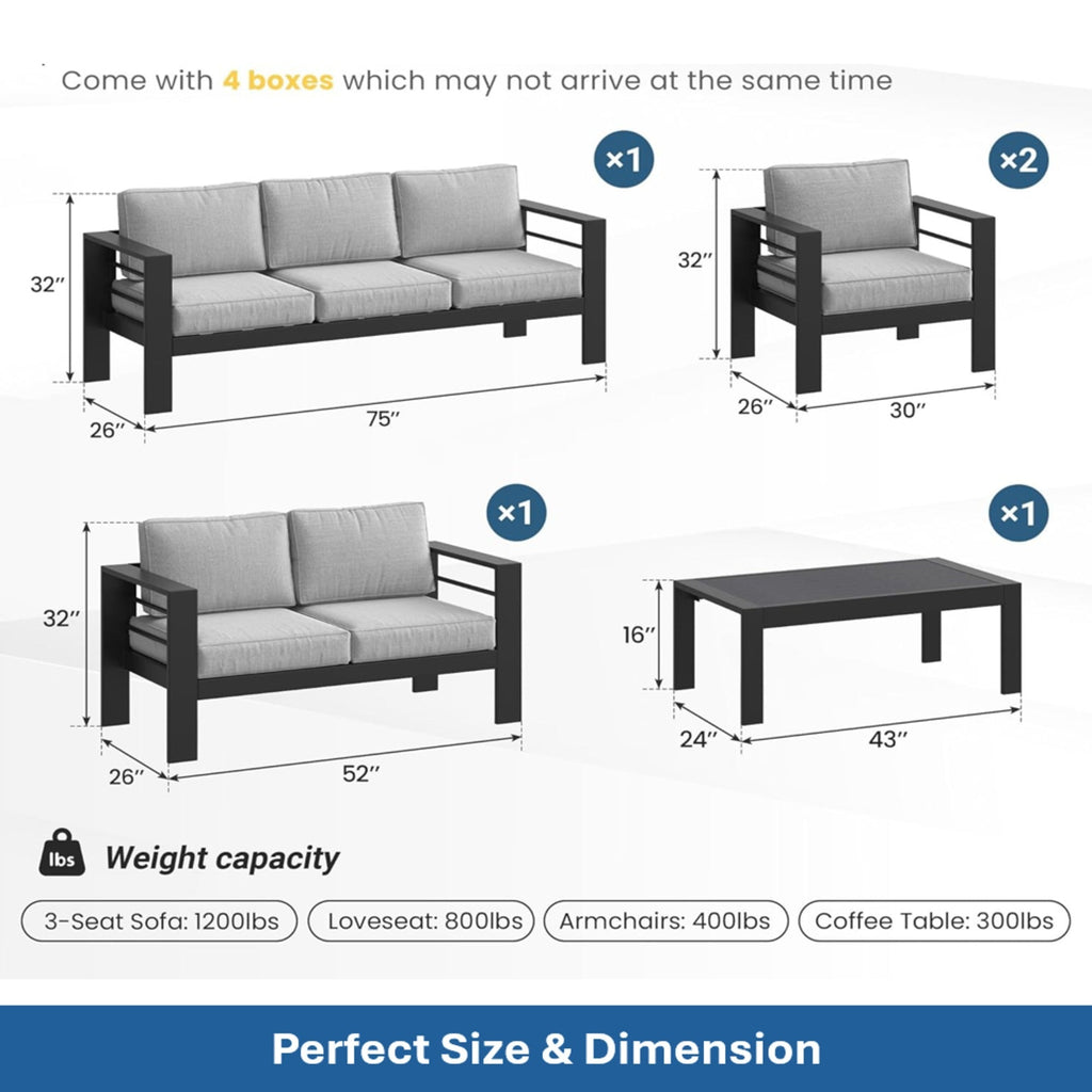 Outdoor Patio Set Aluminum Black Light Gray Olefin 5 Piece Seats 7